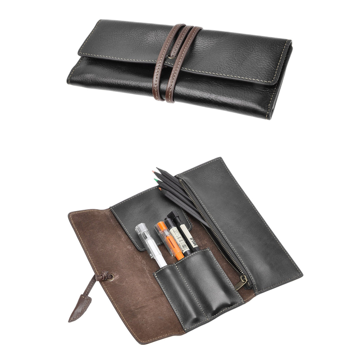 ZLYC Handmade Leather Pencil Case Soft Roll Bag Stationery Gift,Black