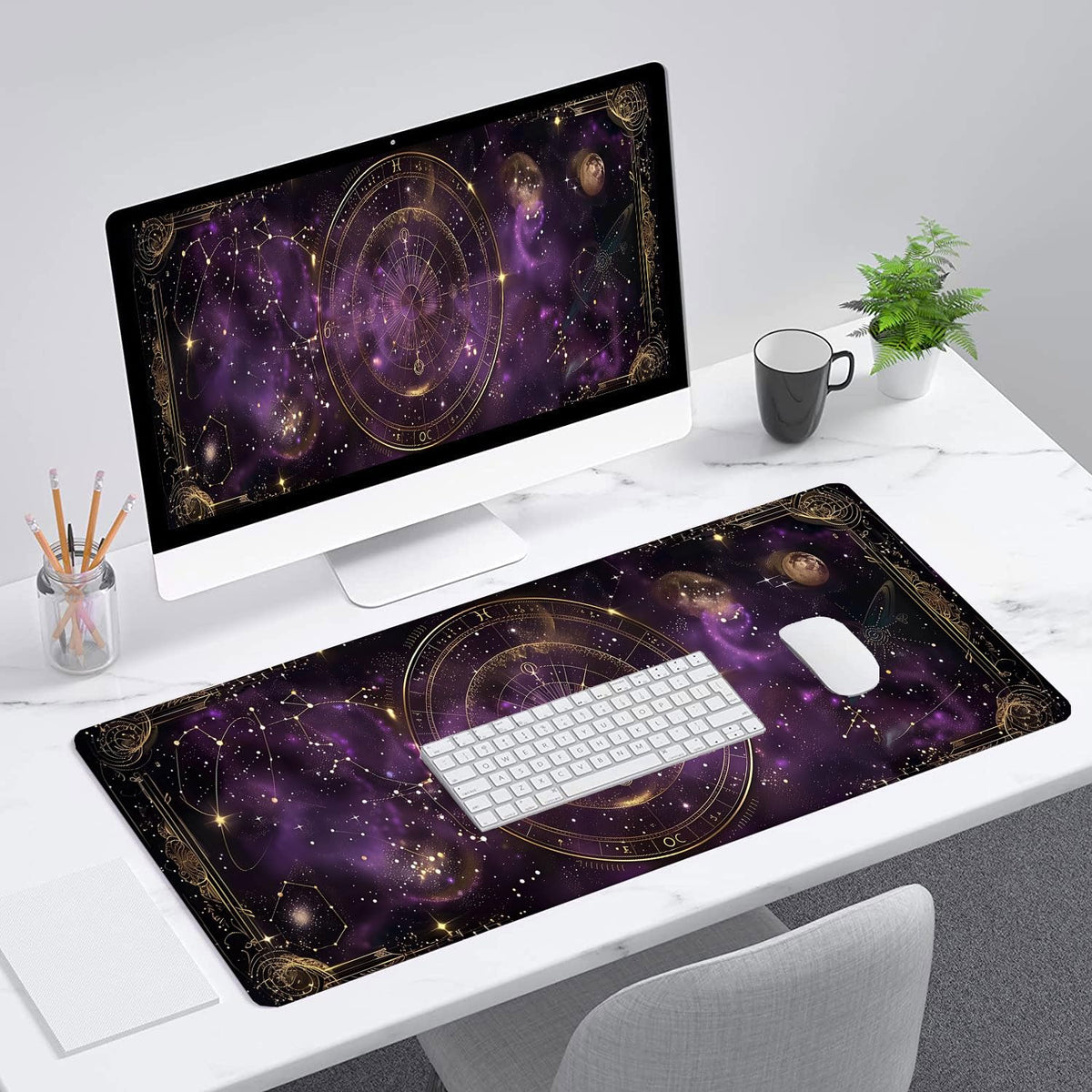 Purple Star Moon Card Desk Pad Mouse Pad Mysterious Galaxy Large Gaming Mouse Mat with Stitched
