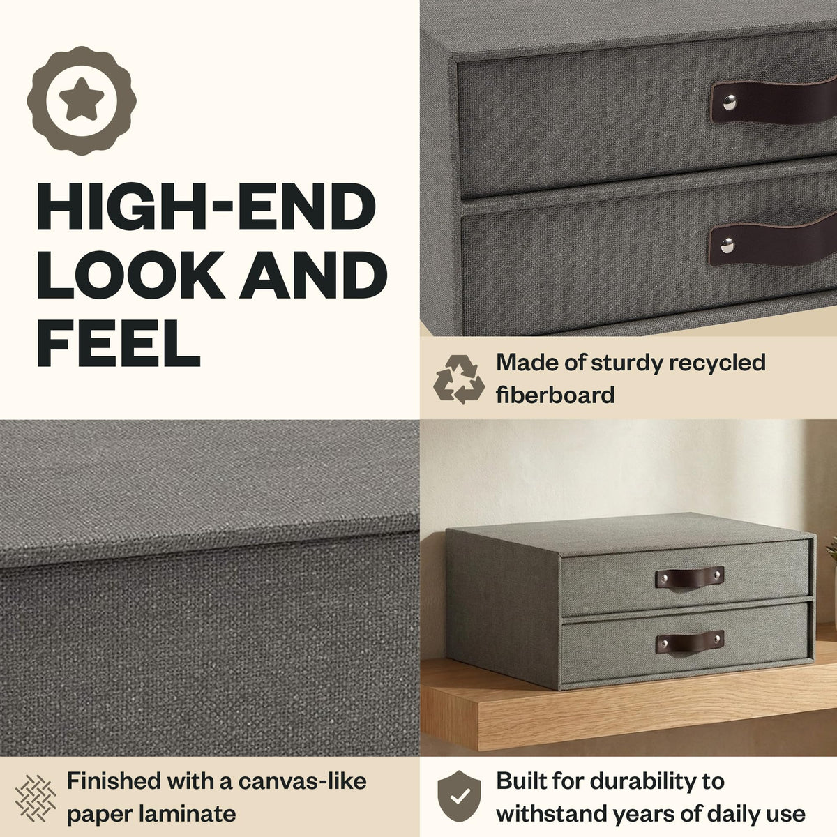 Bigso Birger 2-Drawer Canvas Fiberboard Easy Pull Handle Document Letter Box | Desktop Drawers for