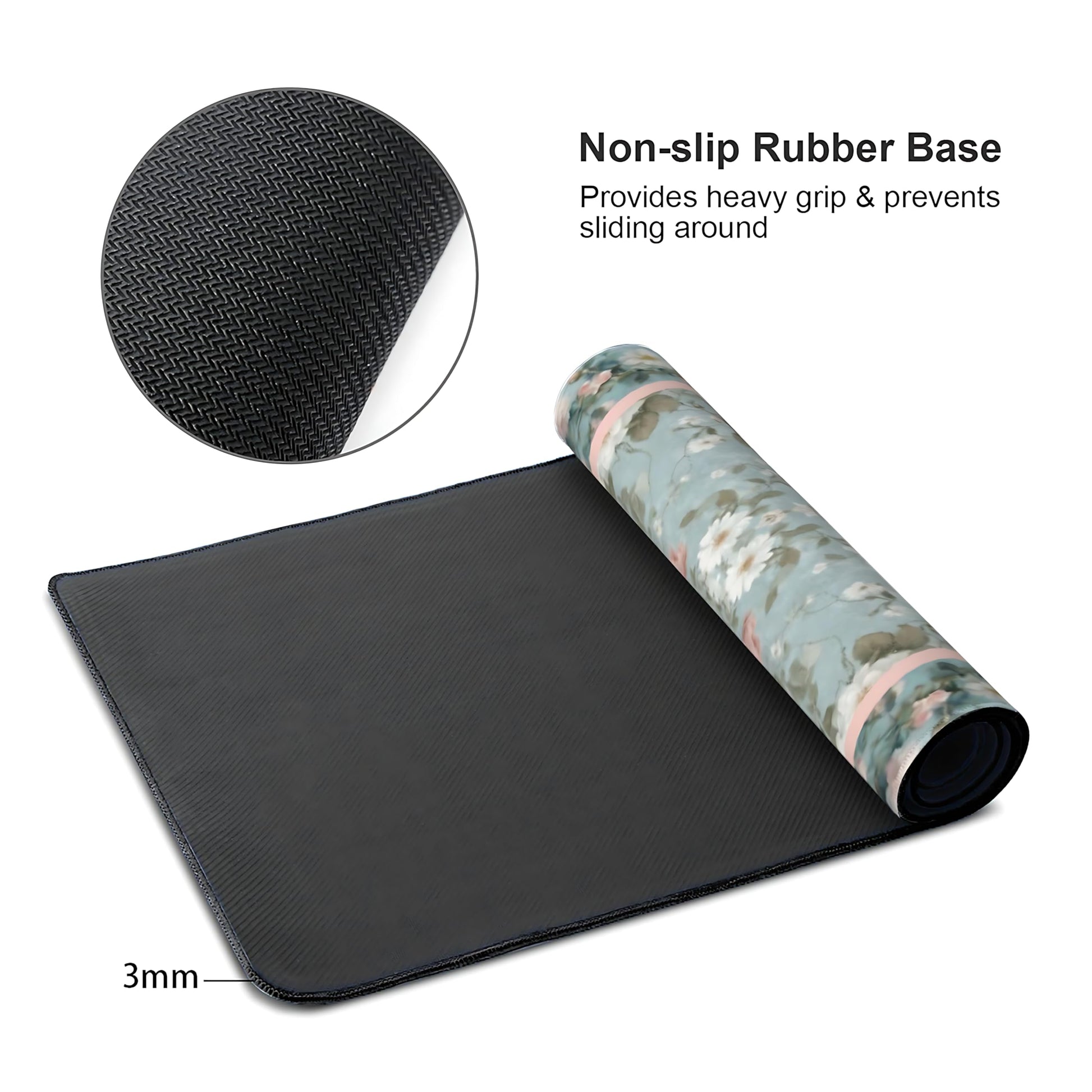 Floral Aesthetic Rose Gaming Mouse Pad, Muted Green Rug Desk Mat with Anti-Slip Base & Stitched