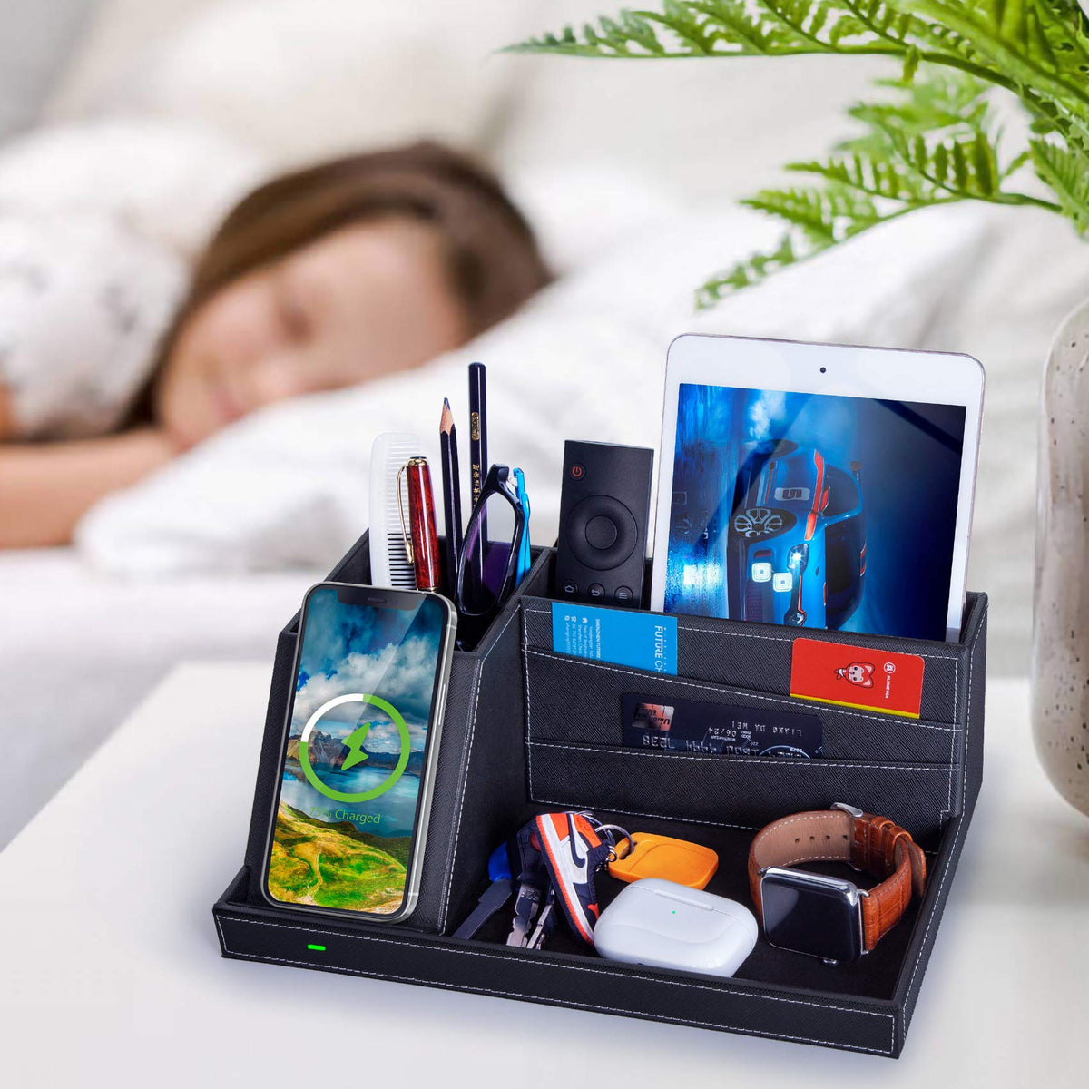 Valet Tray, Built in Wireless Charging Pad, Nightstand Organizer, Dresser Organizer, Mens Jewelry