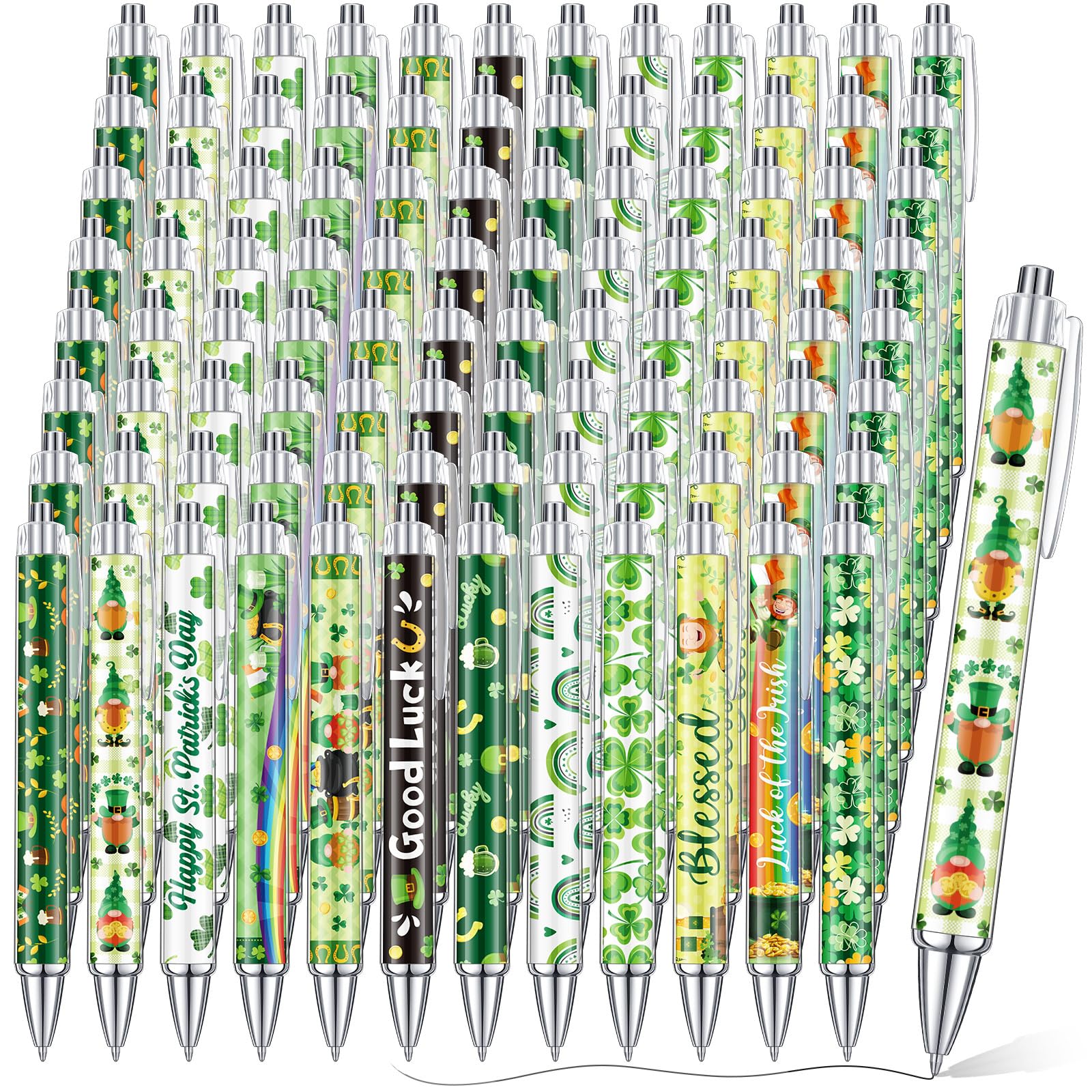 Cholemy 96 Pieces St. Patrick's Day Pens Bulk Lucky Shamrock Ballpoint Pen Retractable Irish Green