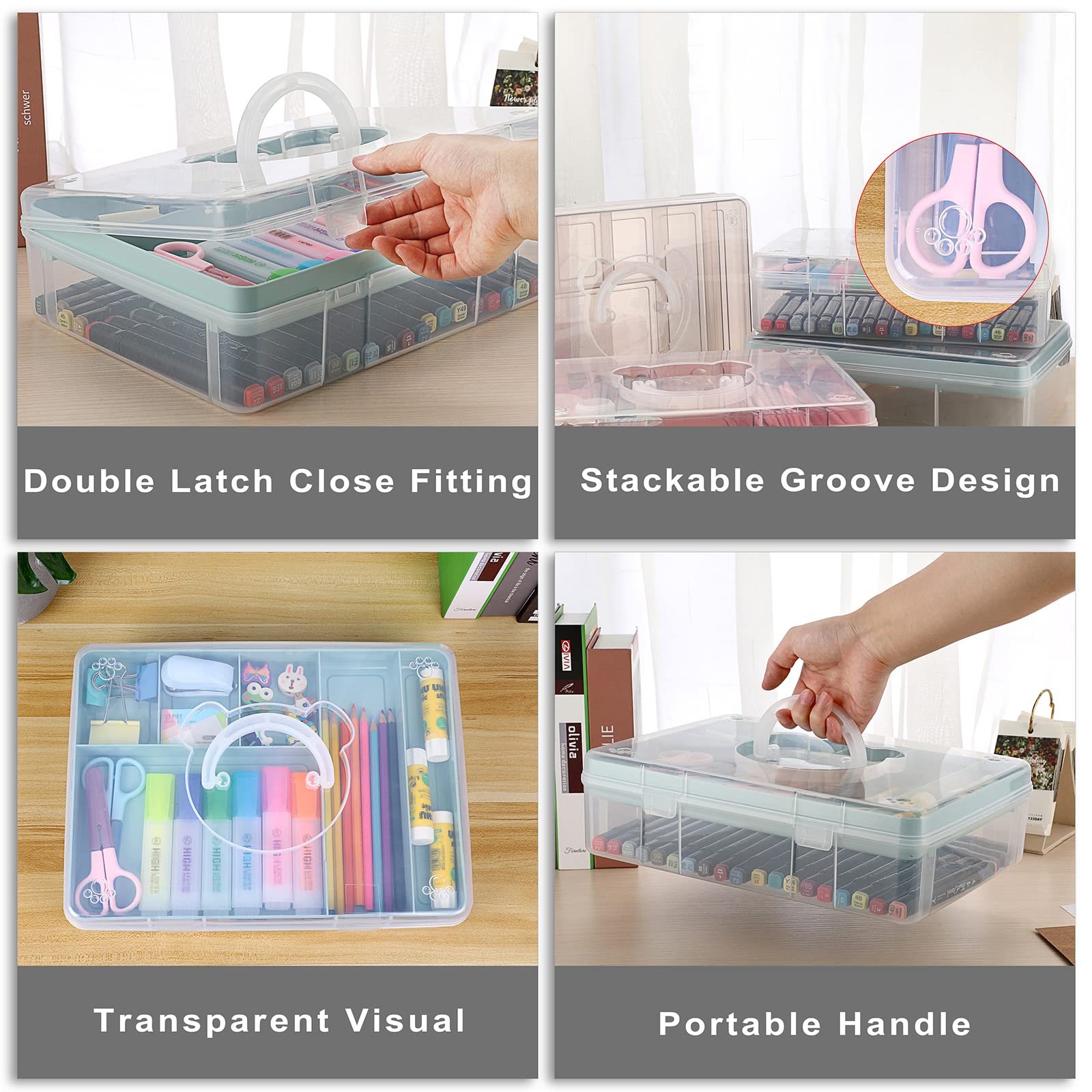 BTSKY 2-Tier Cute Bear Storage Box with Removable Divided Tray Portable Clear Plastic Art Craft