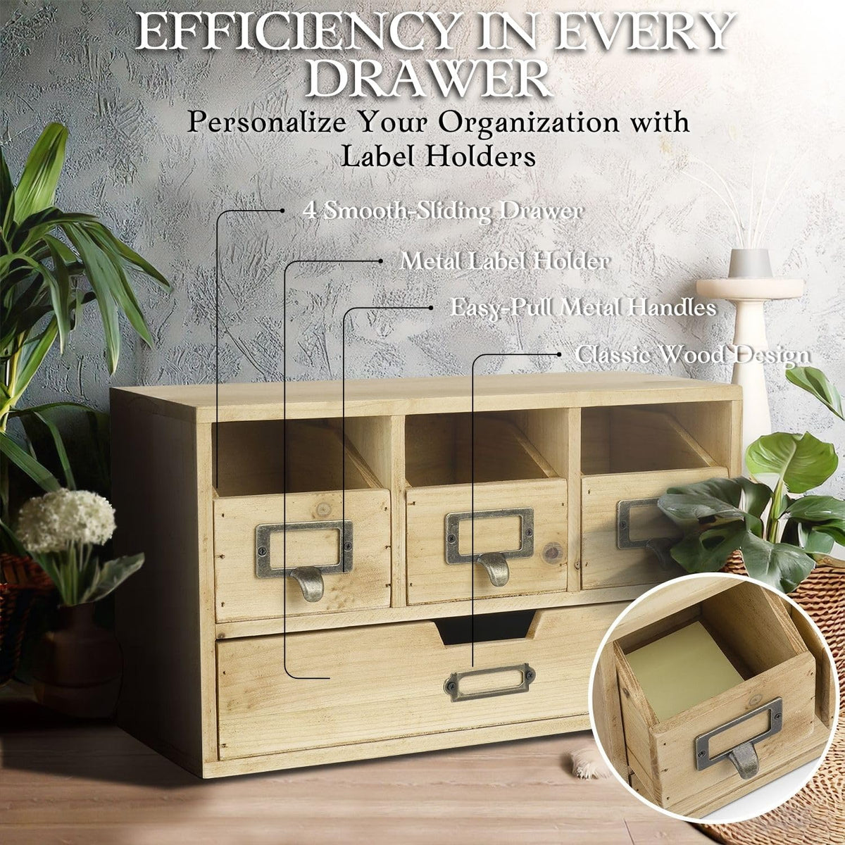Flexzion Wooden Apothecary Drawers, 4-Drawer Desktop Organizer Cabinet