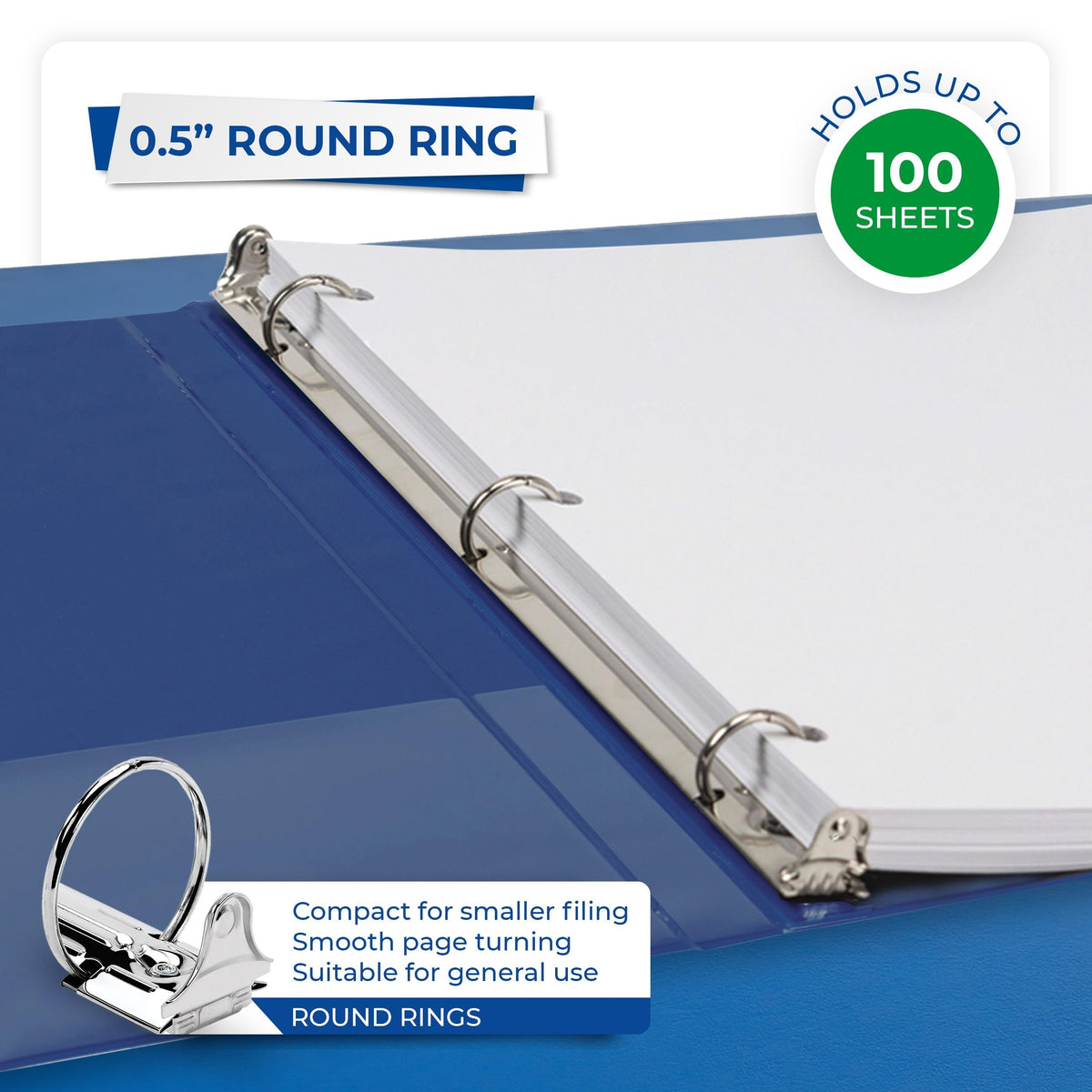 Samsill 0.5 Inch 3 Ring Binder, Economy Round Ring, Clear View Cover, 100 Sheet Capacity - for