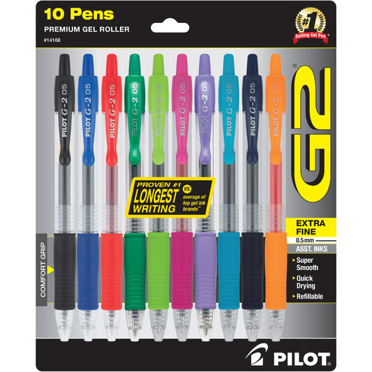 Pilot G2 Premium Retractable Gel-Ink Rolling Ball Pens, Extra Fine Point (0.5mm), Assorted, 10/Pk