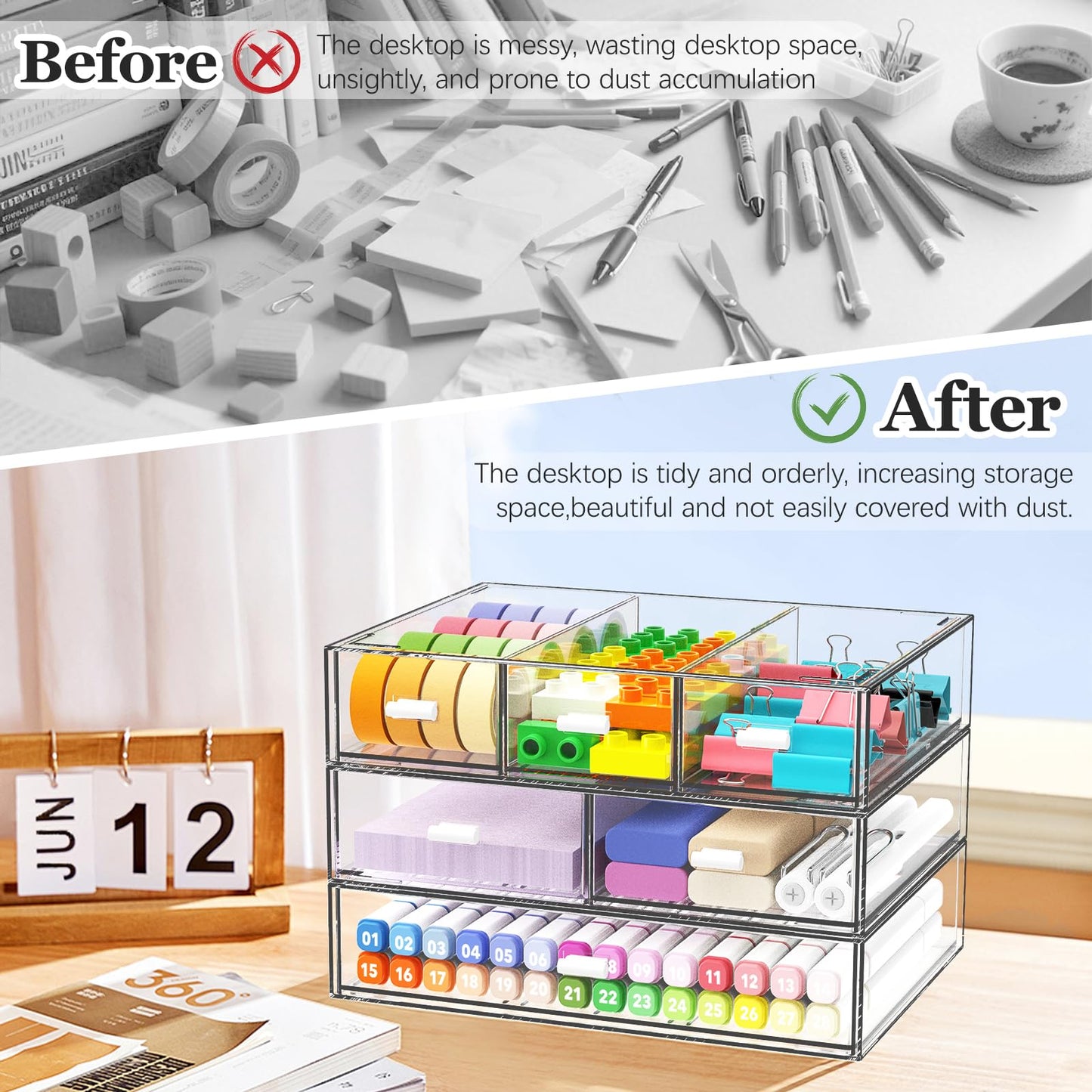 3 Tier Stackable Desk Organizer with 6 Drawers, YOCOMEY Plastic Desktop Storage Box Drawers
