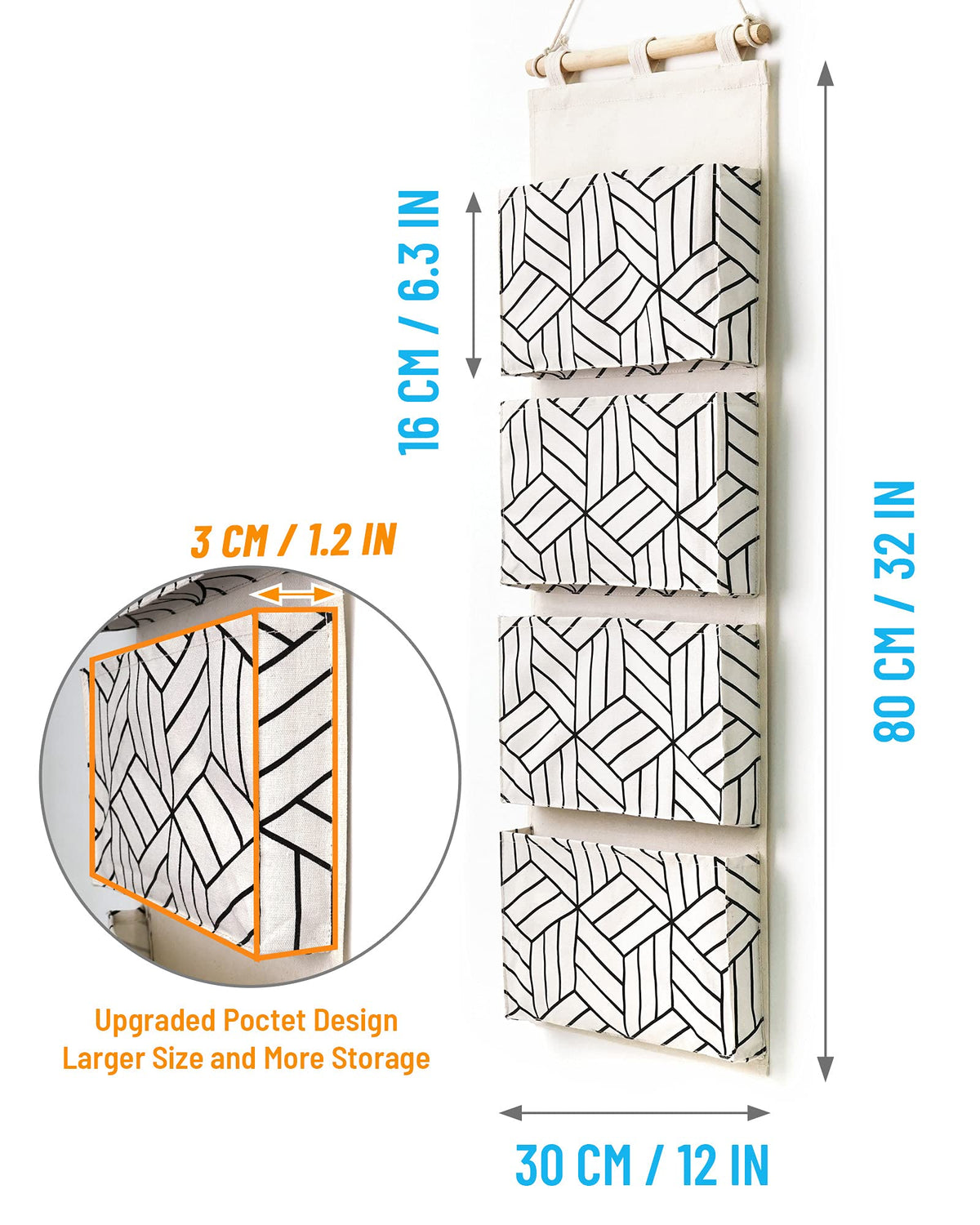CROWNED 2Pcs Over Door Hanging Storage Bags Wall Mount Closet Organizer, 4 Big Pockets Linen Cotton