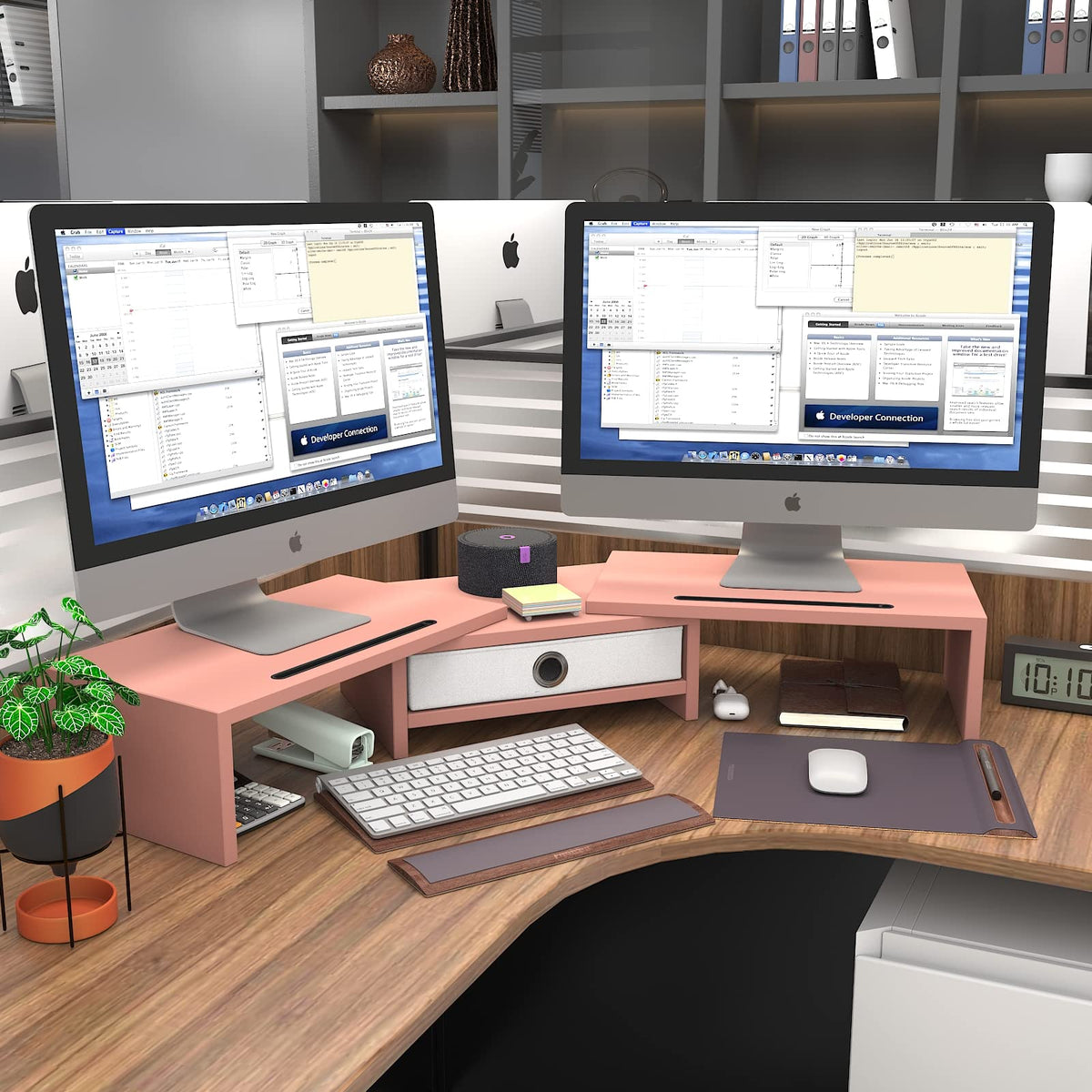 WESTREE Dual 3 Shelf Computer Riser with Drawer, Adjustable Length and Angle, Desktop 2 Monitor