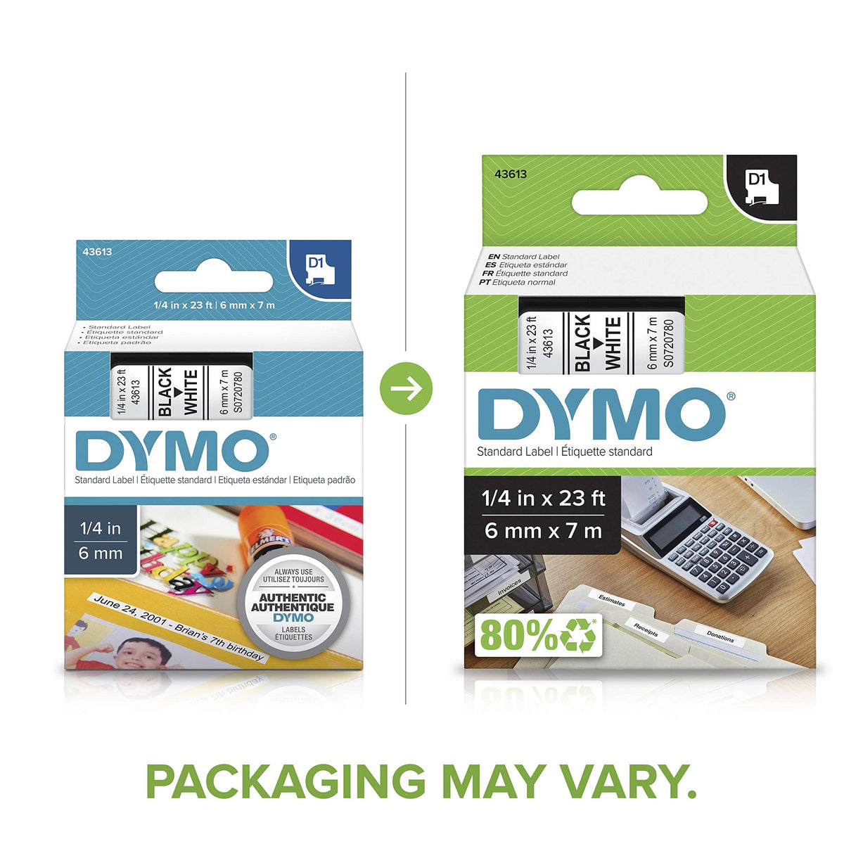 DYMO Standard D1 43613 Labels for LabelManager Label Makers, 1/4" W x 23' L, Black Print on White