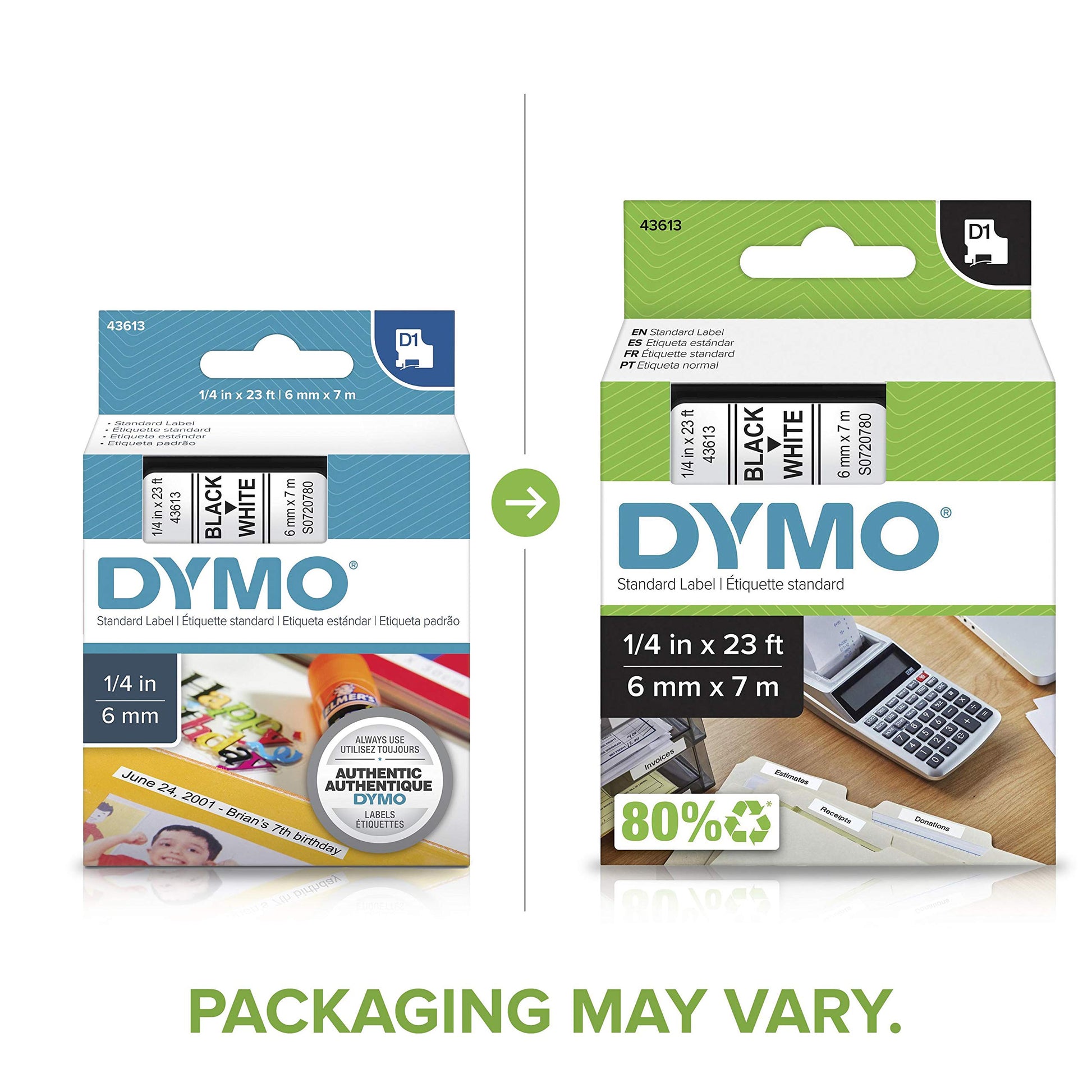 DYMO Standard D1 43613 Labels for LabelManager Label Makers, 1/4" W x 23' L, Black Print on White