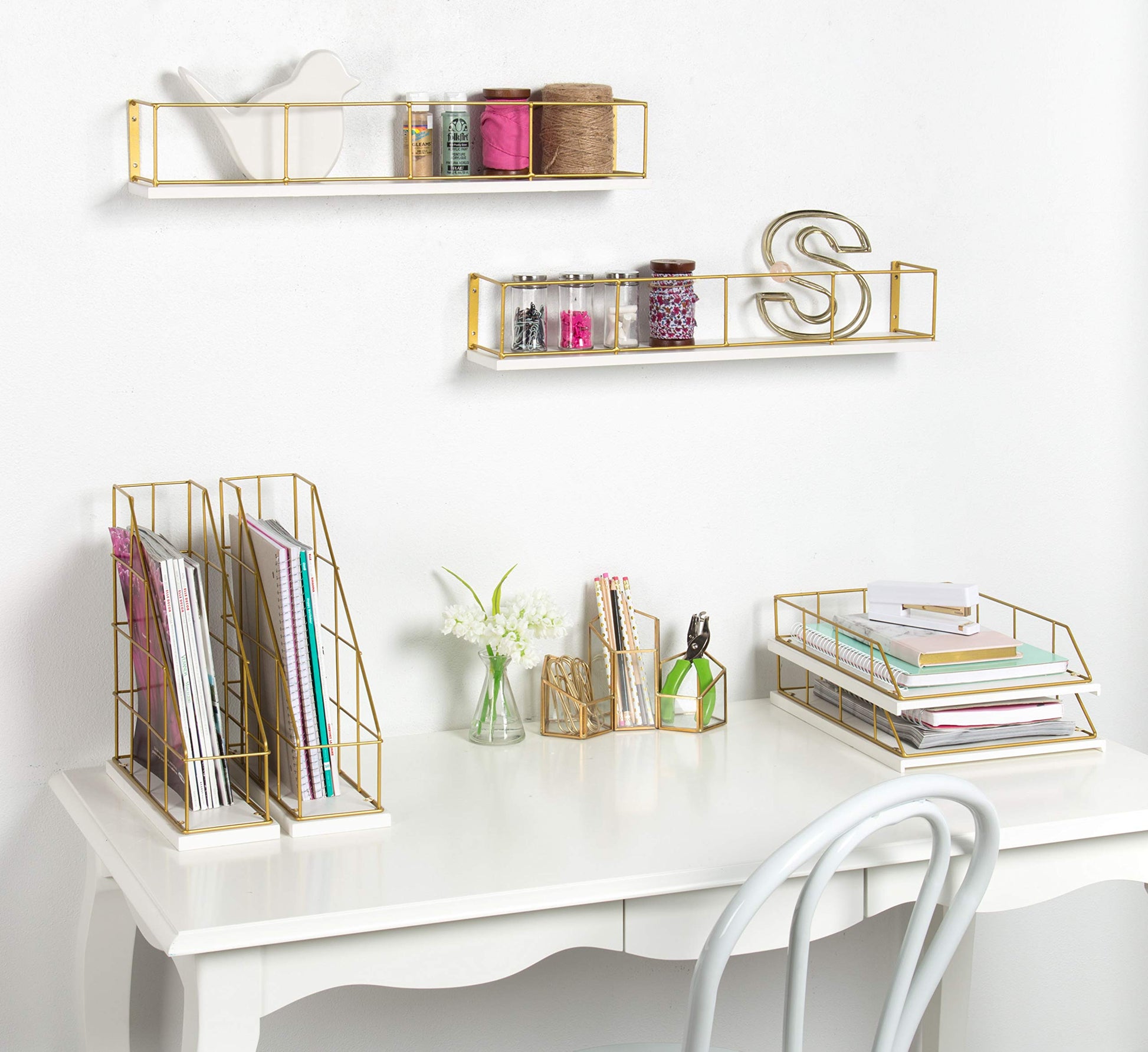 Kate and Laurel Benbrook Stacked Metal and Wood Letter Trays, White and Gold