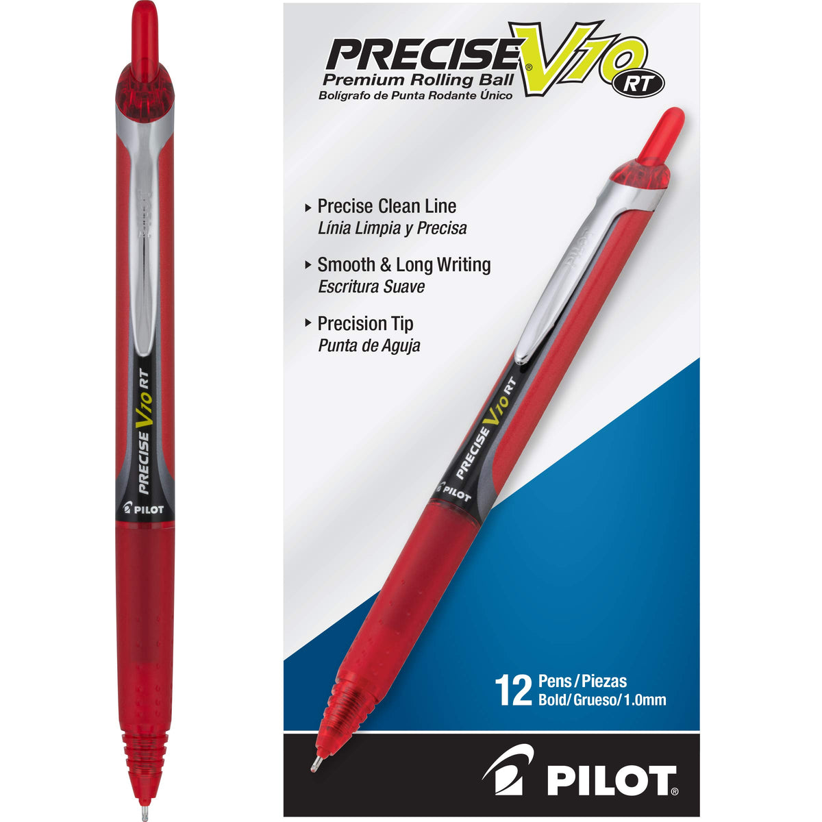 PILOT Precise V10 RT Refillable & Retractable Rolling Ball Pens, Bold Point, Red Ink, 12-Pack