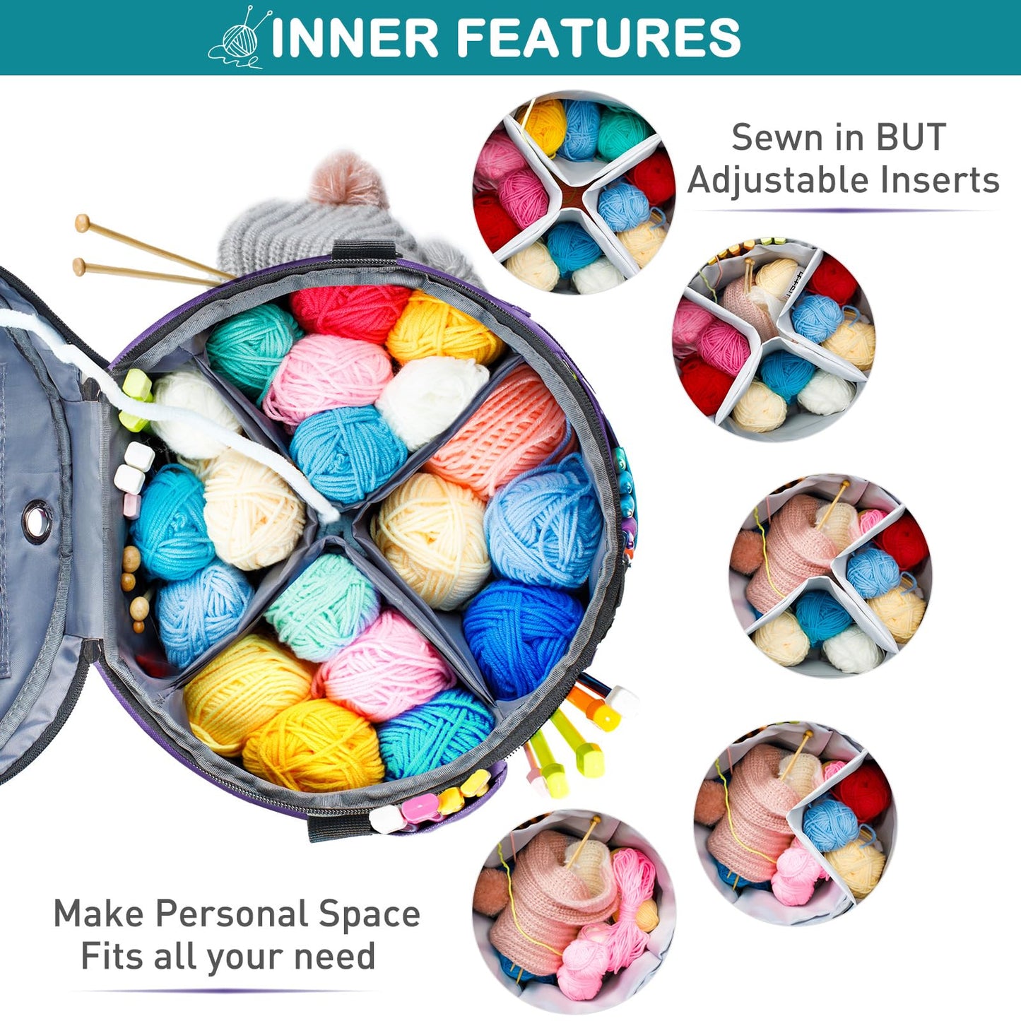 MYBAGZING Expandable Crochet Bag Organizer w/Yarn Grommets& Zipper Closure