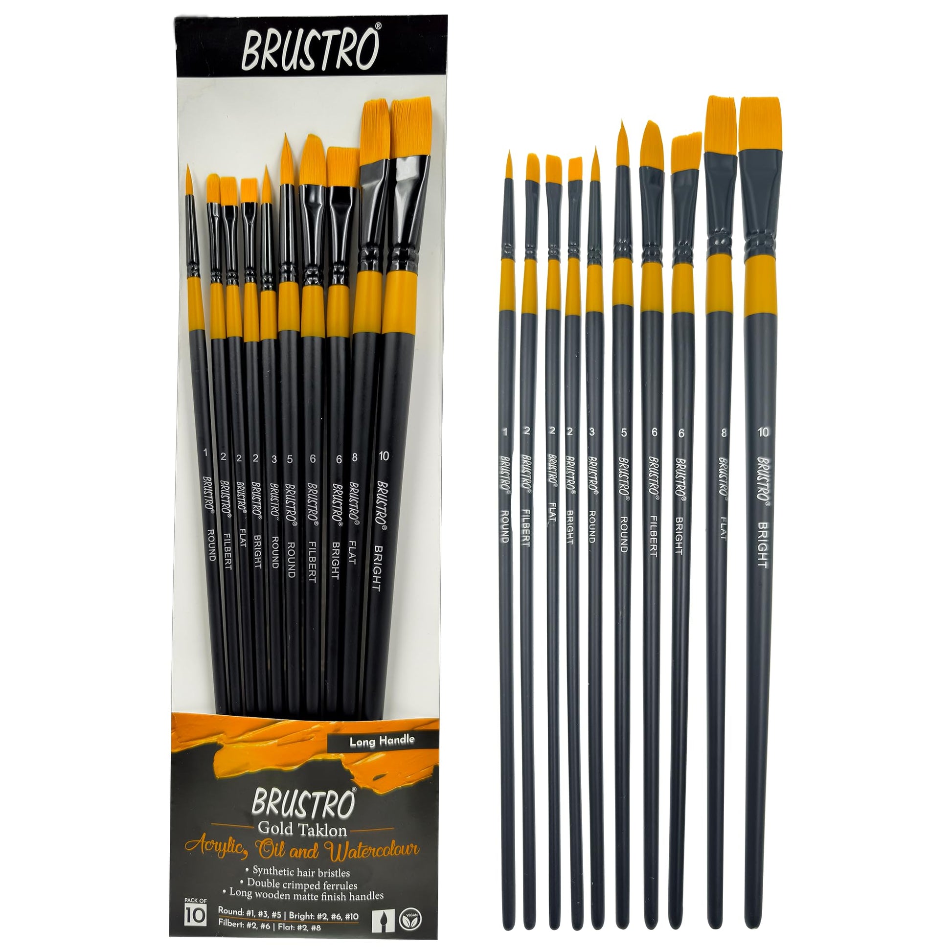 BRUSTRO Artists Gold Taklon Set Of 10 Brushes For Acrylics, Oil And Watercolour. Gold Taklon Set of