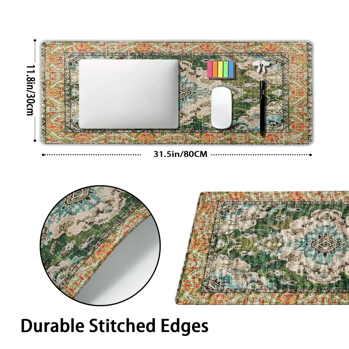 Vintage Rug Mouse Pad XL Green Orange Retro Carpet Aesthetic Extended Table Mat 80X30 cm Non-Slip