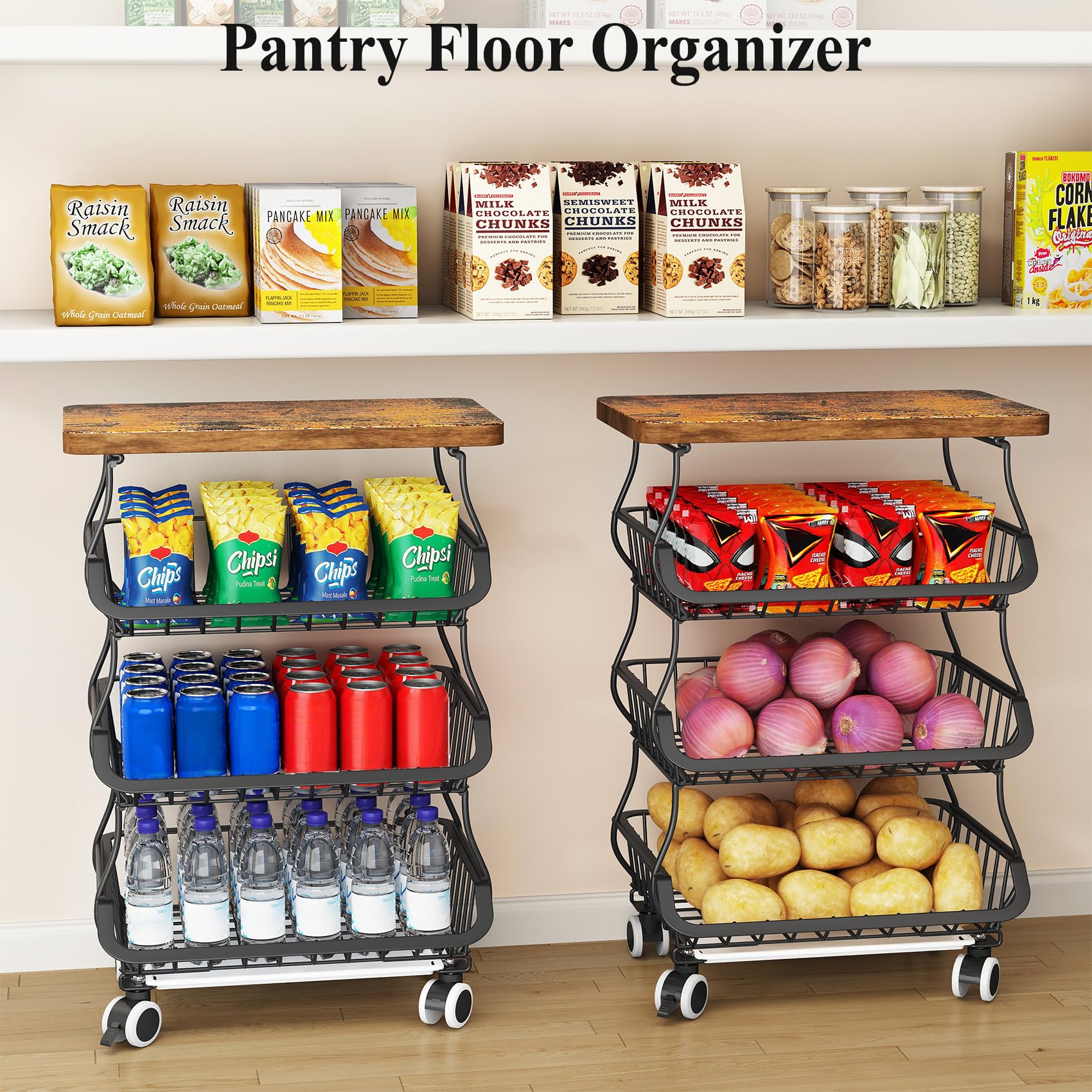 SAYZH 4-Tier Fruit and Vegetable Basket Stand for Kitchen, Wood Top, Black
