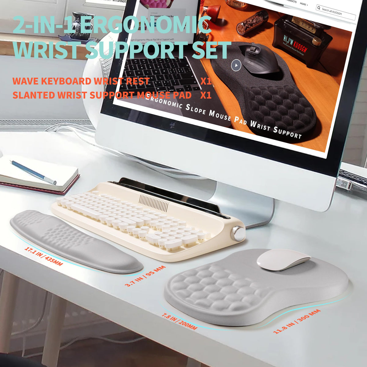 KUOSGM 2-in-1 Ergonomic Set, Wave Rise Keyboard Wrist Rest and Massage Bulge Slope Mouse Pad Wrist