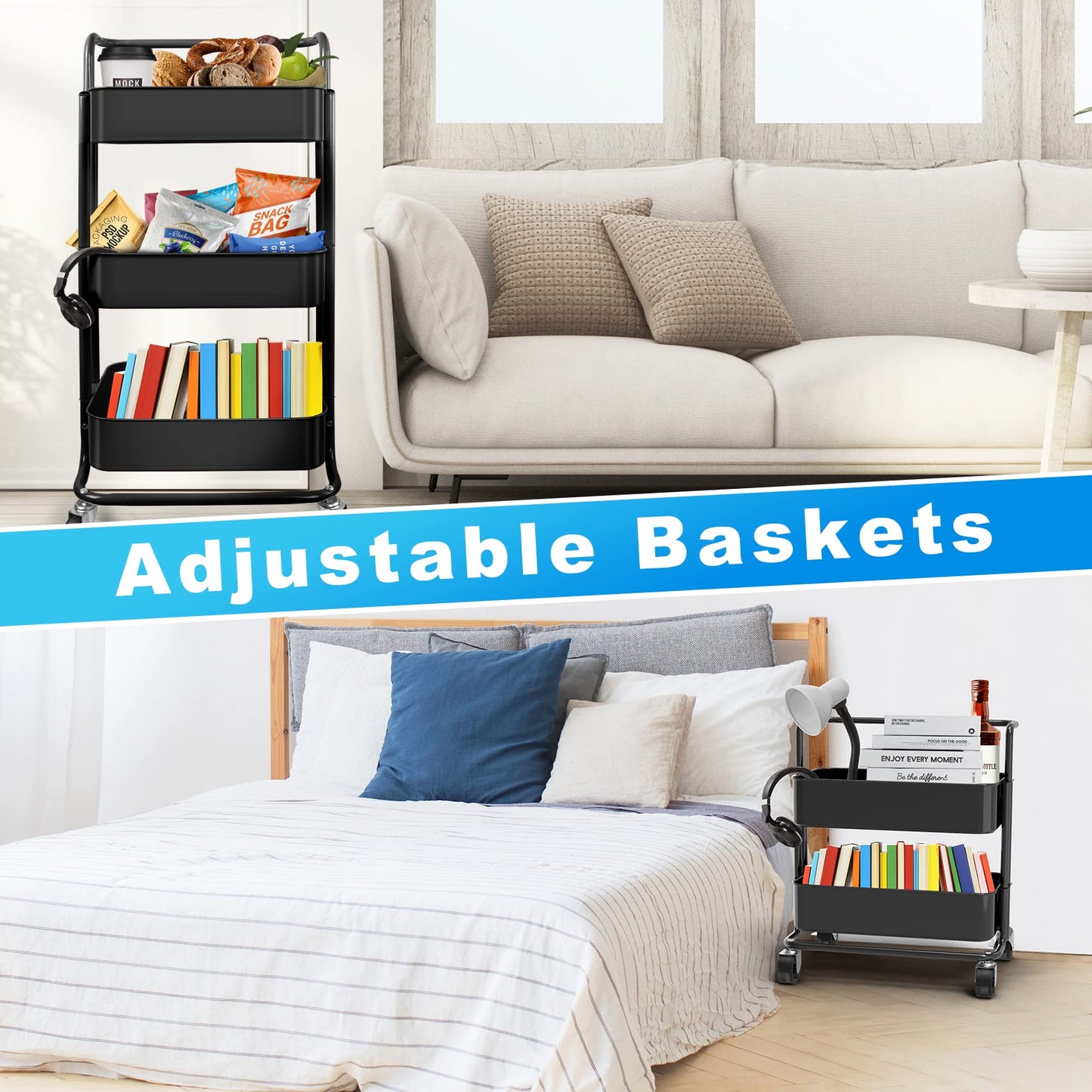 Homchwell 3 Tier Metal Utility Rolling Cart with Lockable Wheels, Multifunction Movable Storage