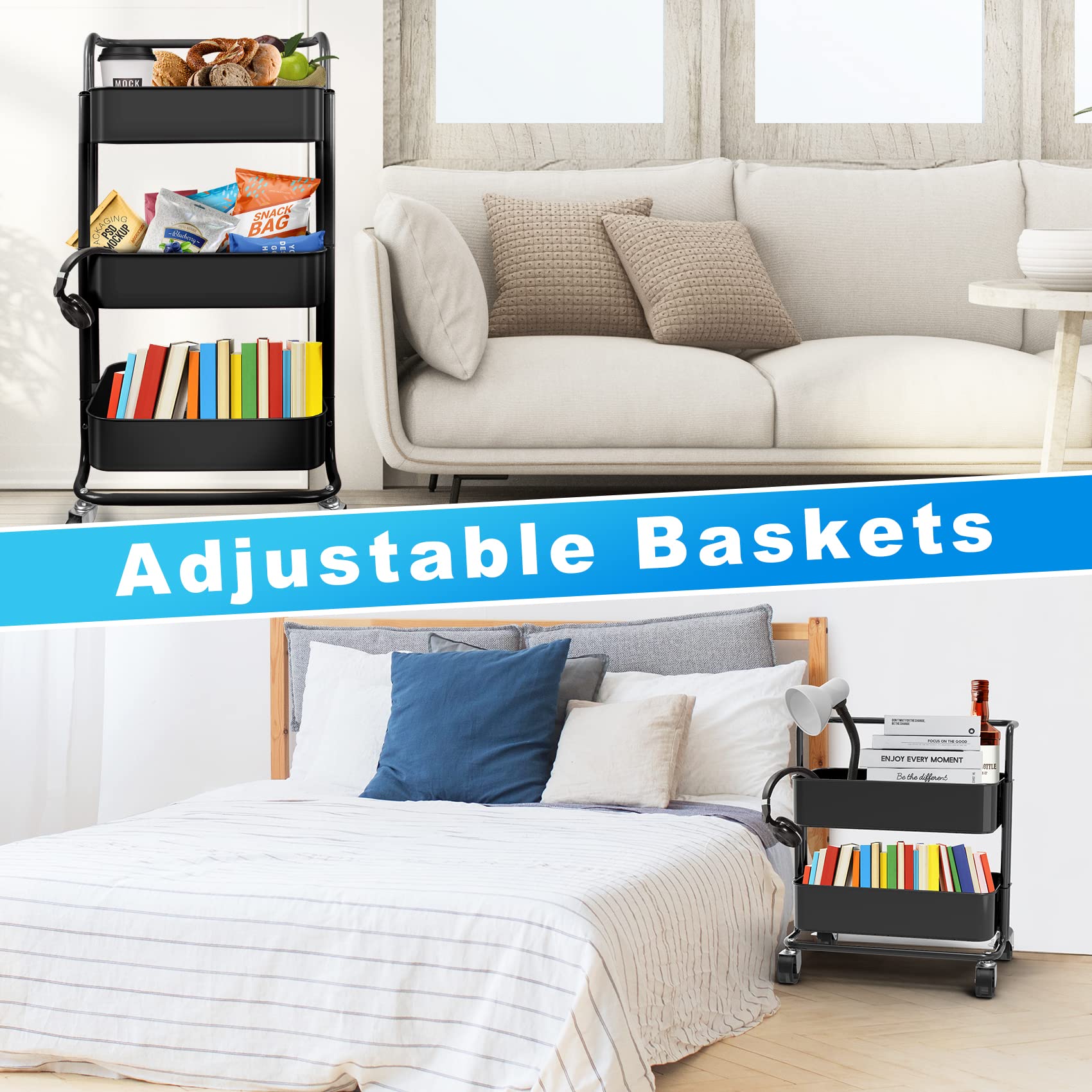Homchwell 3 Tier Metal Utility Rolling Cart with Lockable Wheels, Multifunction Movable Storage