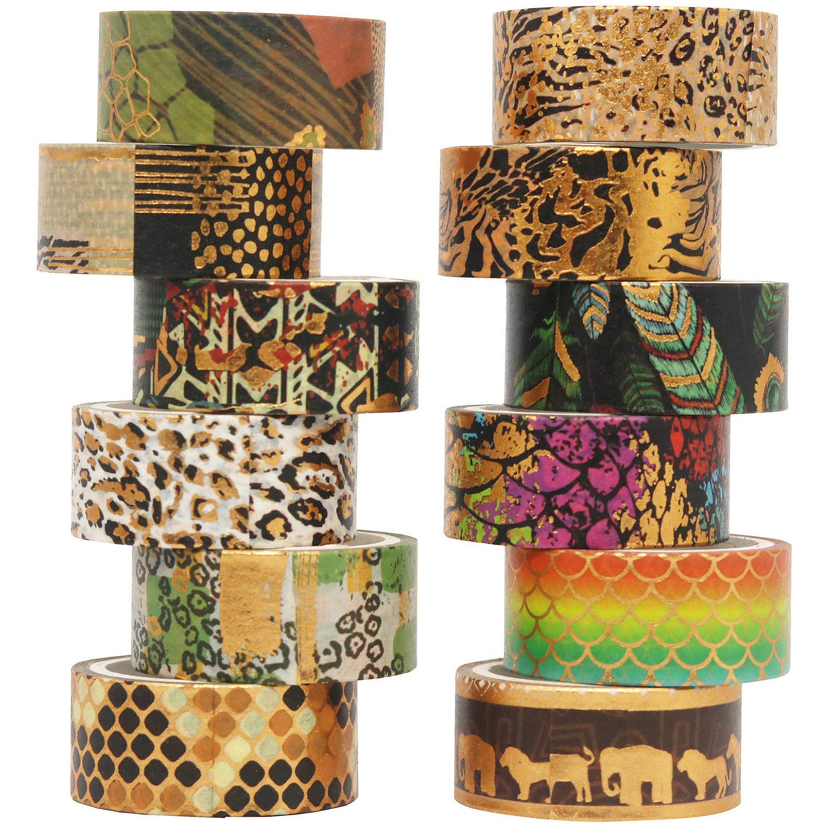 YUBX Wild Animals Washi Tape Set 12 Rolls Gold Foil Print Decorative Masking Tapes for Arts, DIY
