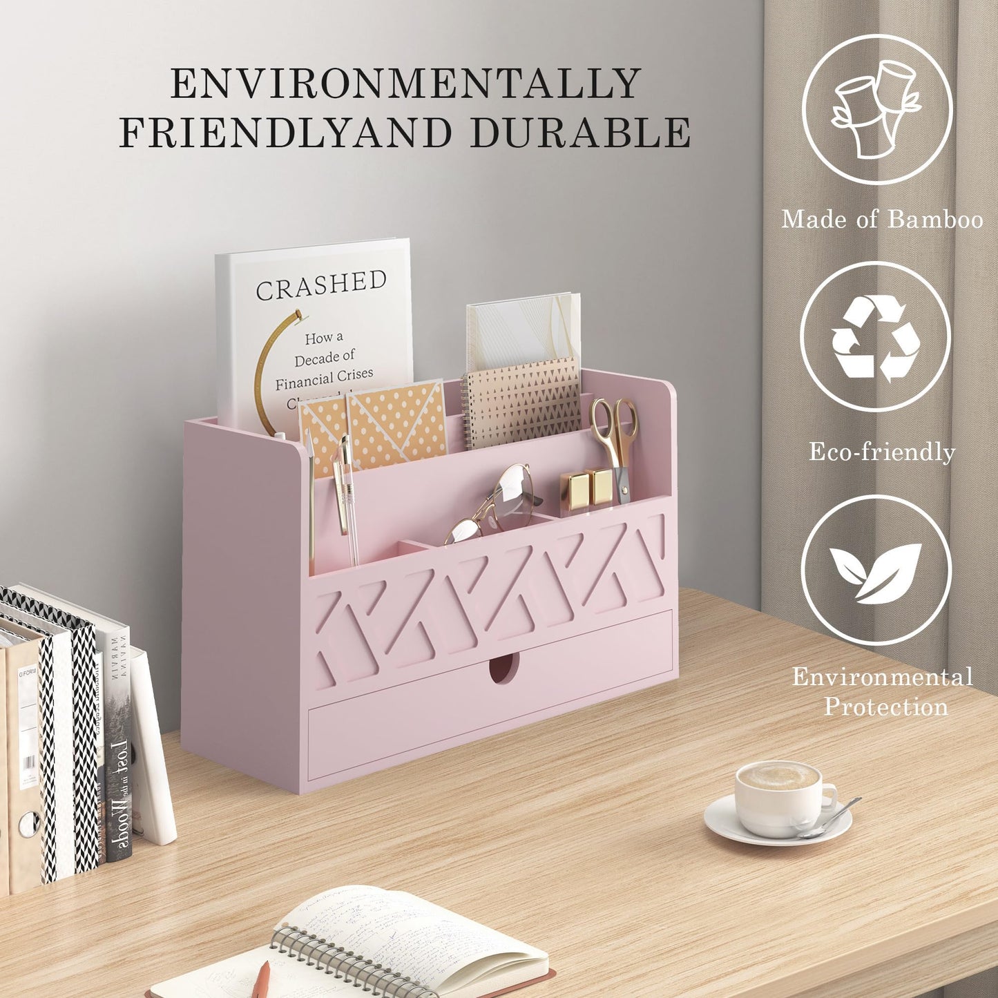 Wisuce Bamboo Mail Organizer with Drawer, Countertop Desk Organizer (Pink)