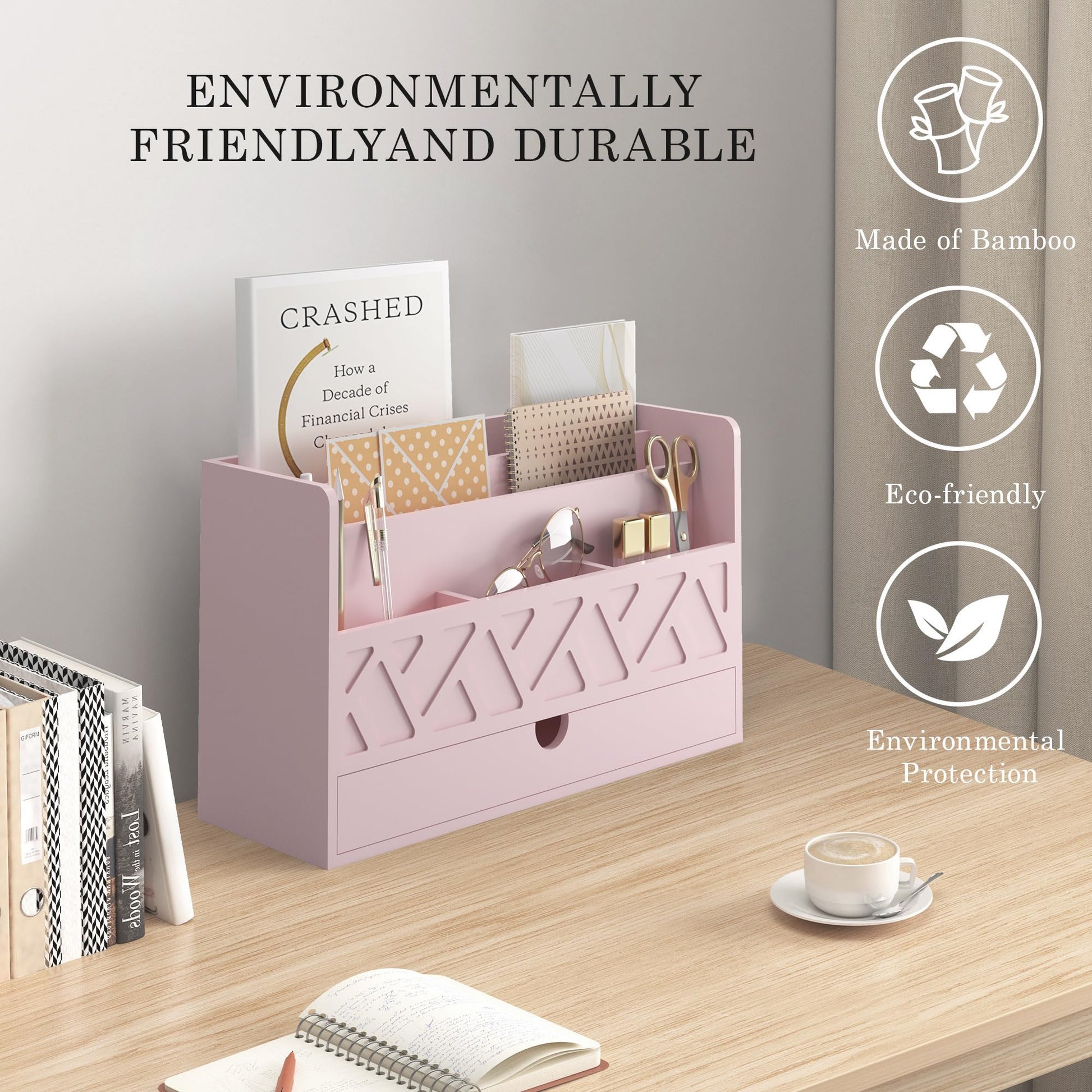Wisuce Bamboo Mail Organizer with Drawer, Countertop Desk Organizer (Pink)