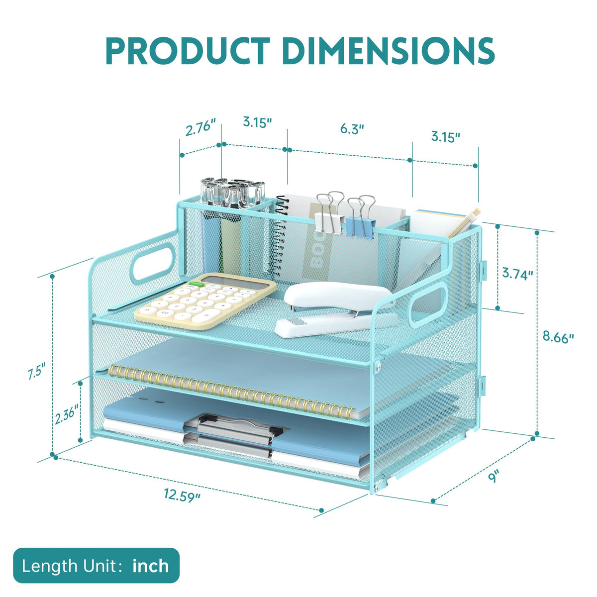 3-Tier Desk Organizer with Pen Holder and Handles, Paper Organizer, Blue