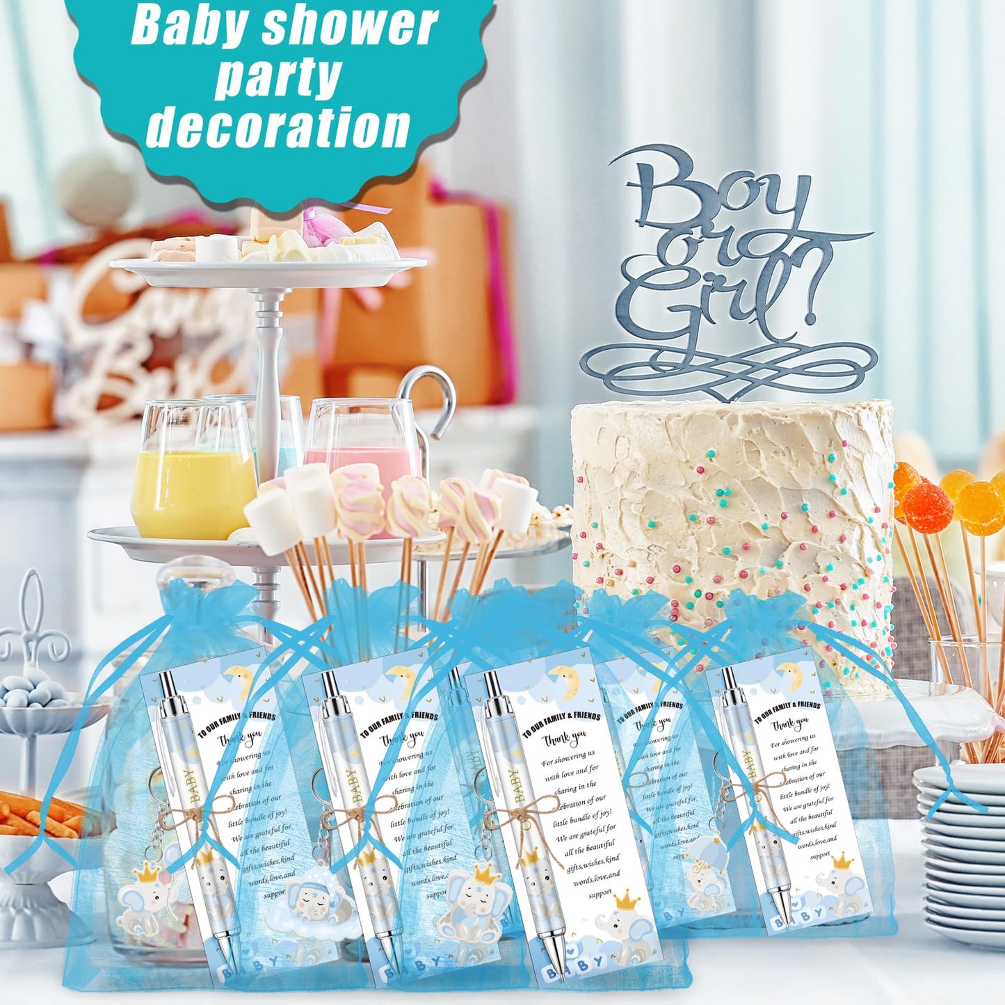 EYNDYN 145 Pieces Baby Shower Favors for Guest Blue Elephant Ballpoint Pens and Keychains Gifts for