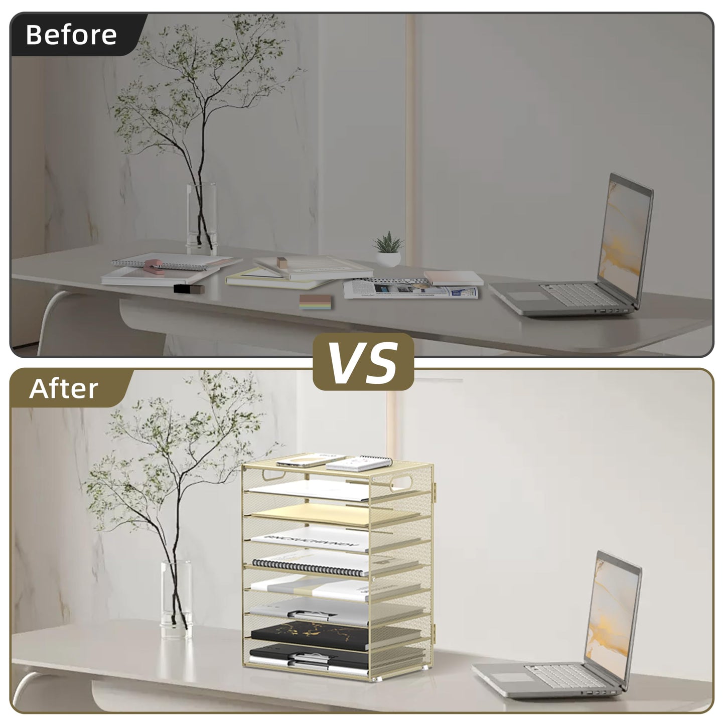 9-Tier Paper Organizer for Desk, Letter Tray with Handles, Golden Yellow
