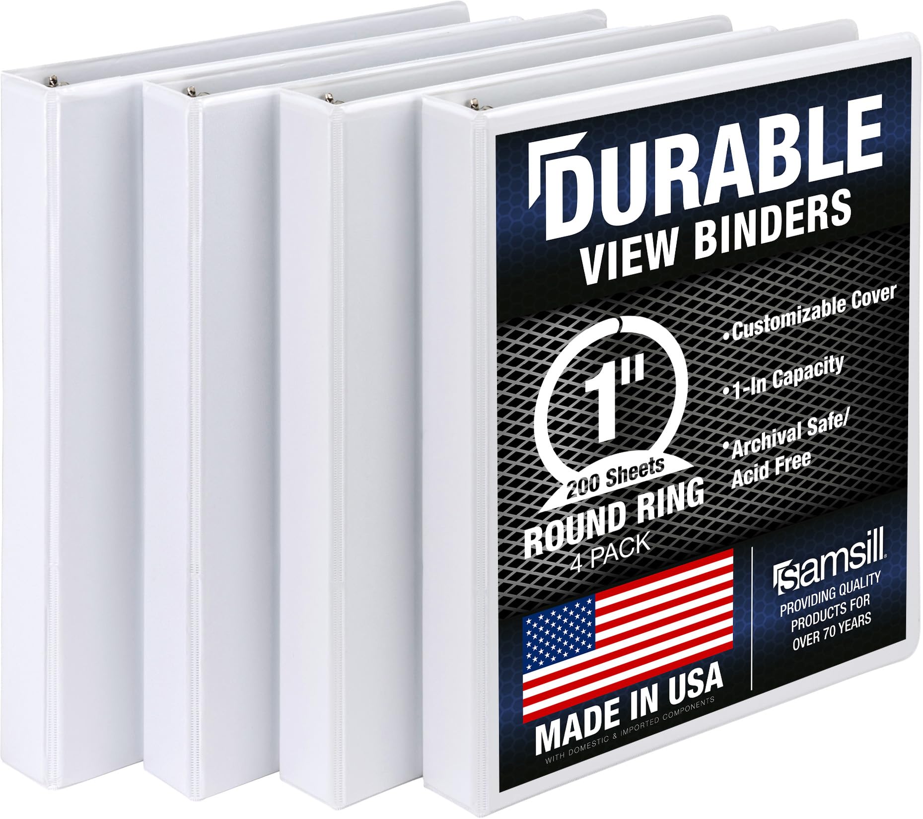 Samsill Durable 1 Inch Binder, Round Ring Customizable Clear View Binder, White, 4 Pack (MP48437)