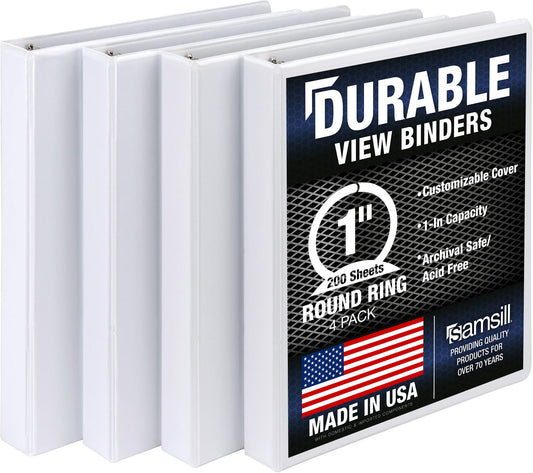 Samsill Durable 1 Inch Binder, Round Ring Customizable Clear View Binder, White, 4 Pack (MP48437)