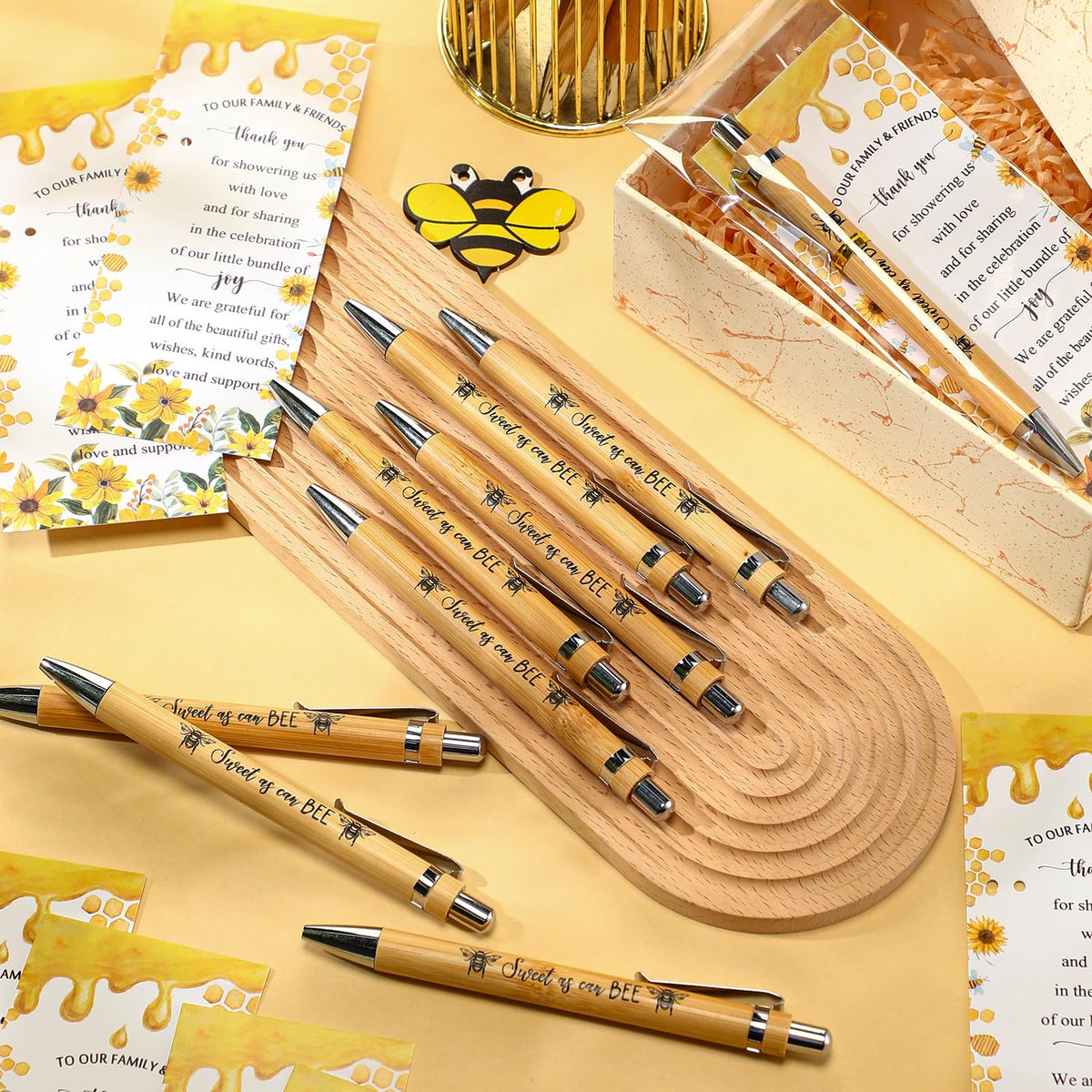 Spakon 36 Sets Bee Baby Shower Favors Bamboo Pens with Thank You Bookmarks