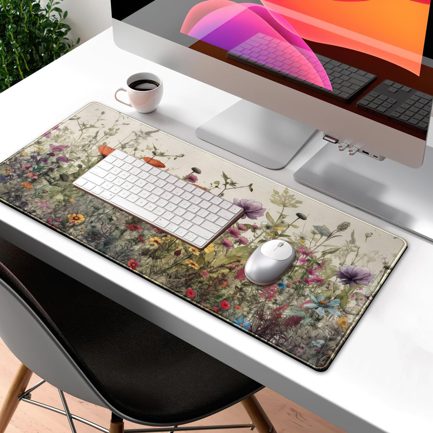 Watercolor Flowers Desk Mat Floral Boho XL Mouse Pad Large Mousepad Extended Vintage Aesthetic