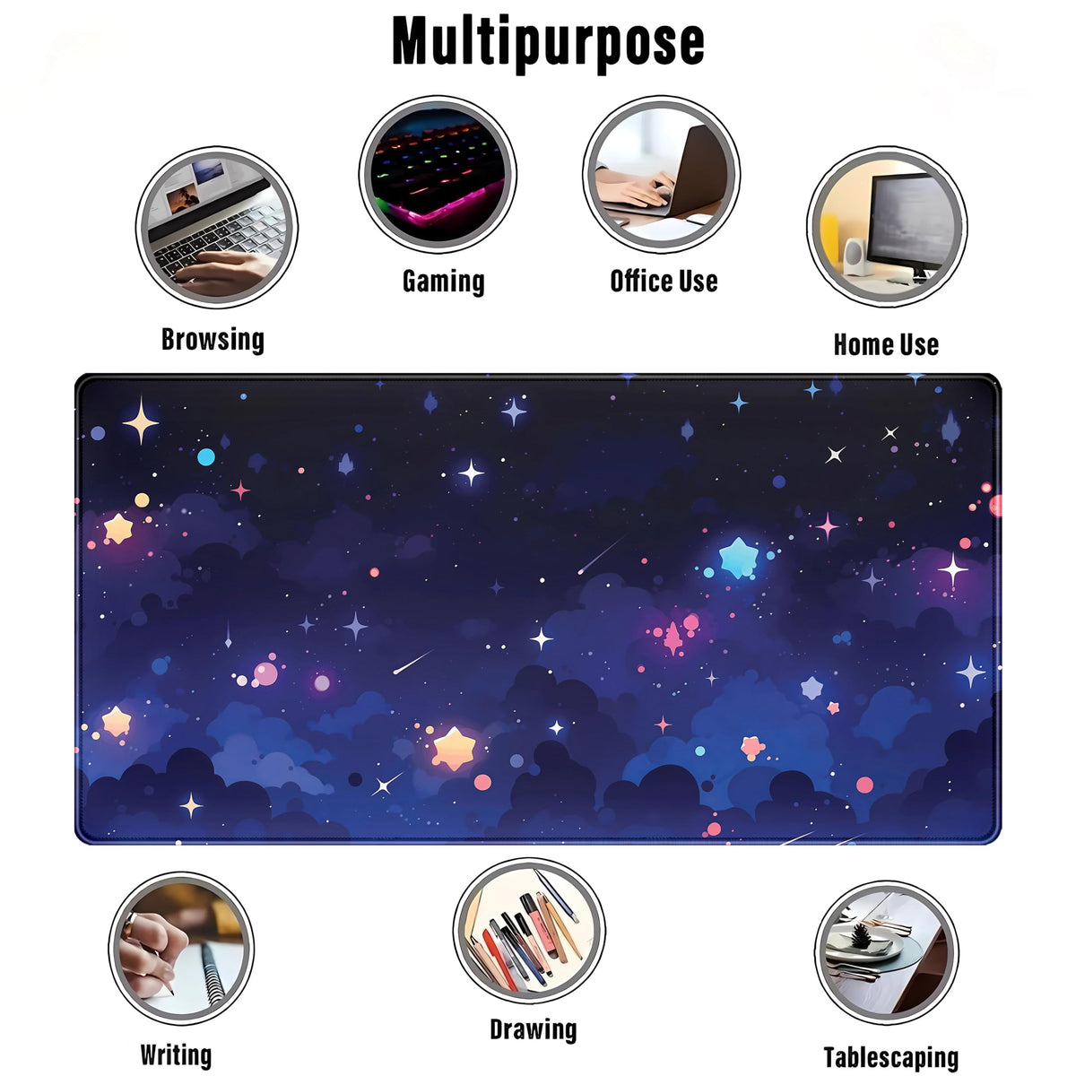 Blue Stars Desk Mat Cute Cloud Desk Pad, Aesthetic Starry Sky Mouse Mat Gaming Mousepad XXL, Extra
