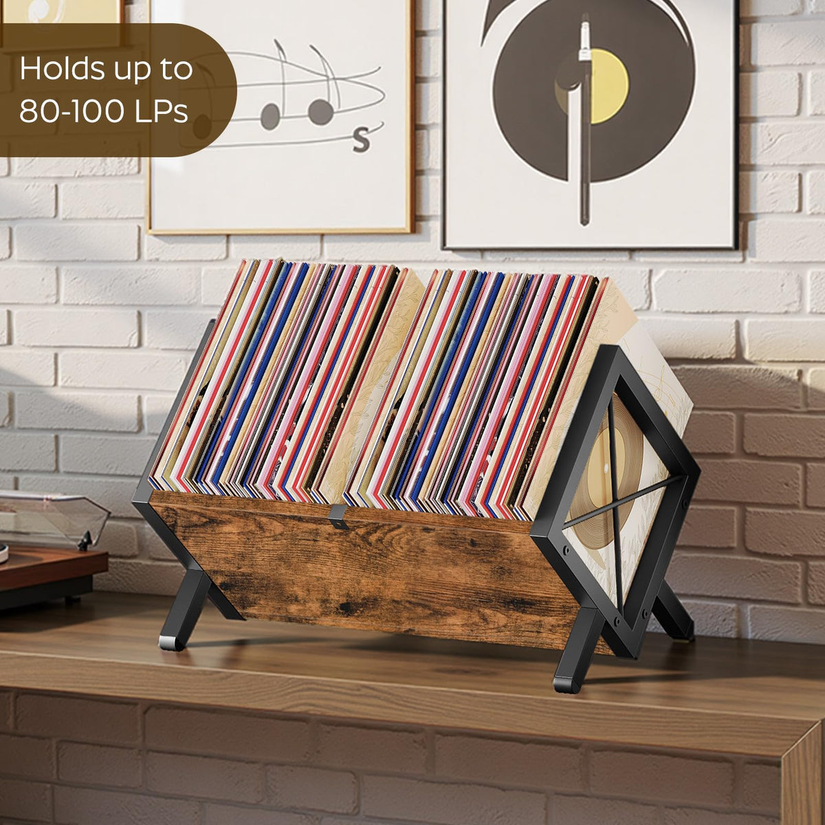 YATINEY Vinyl Record Holder, Record Storage Rack Holds 80-100 LP，Wooden and Metal Record Organizer