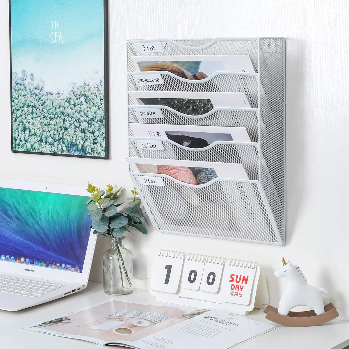 PAG-Mass Hanging Wall File Holder Mail Organizer Wall Mount Document Letter Rack, 5-Tier, White