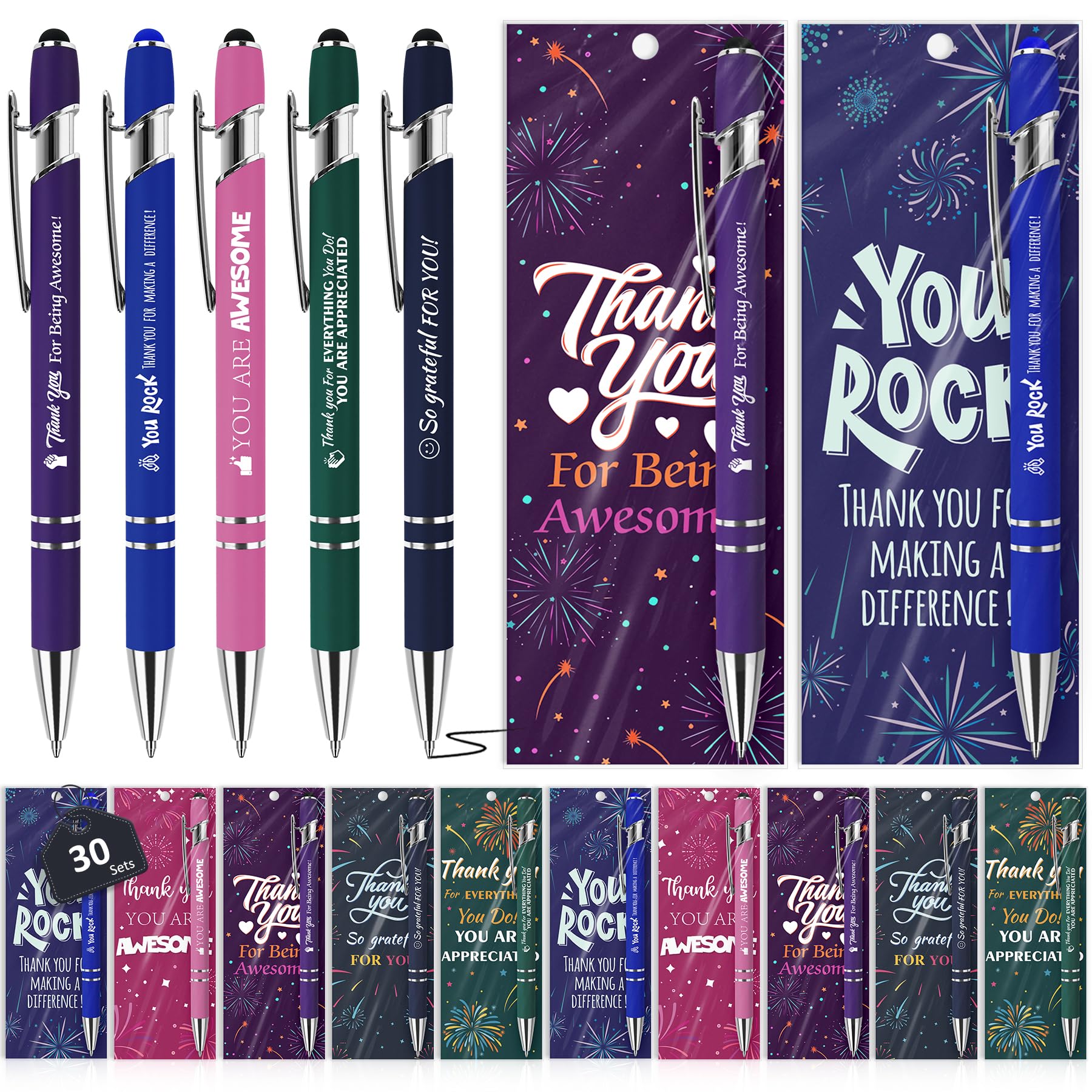 30 Sets Employee Appreciation Gifts Bulk Ballpoint Pens Black Ink Stylus Caps Bookmarks Thank You