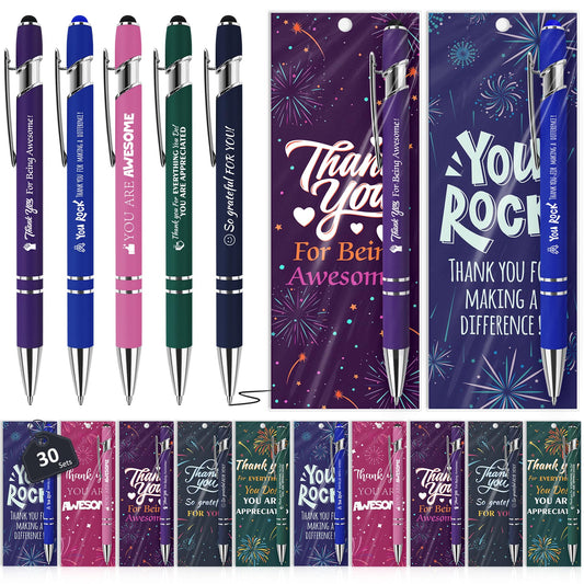 30 Sets Employee Appreciation Gifts Bulk Ballpoint Pens Black Ink Stylus Caps Bookmarks Thank You