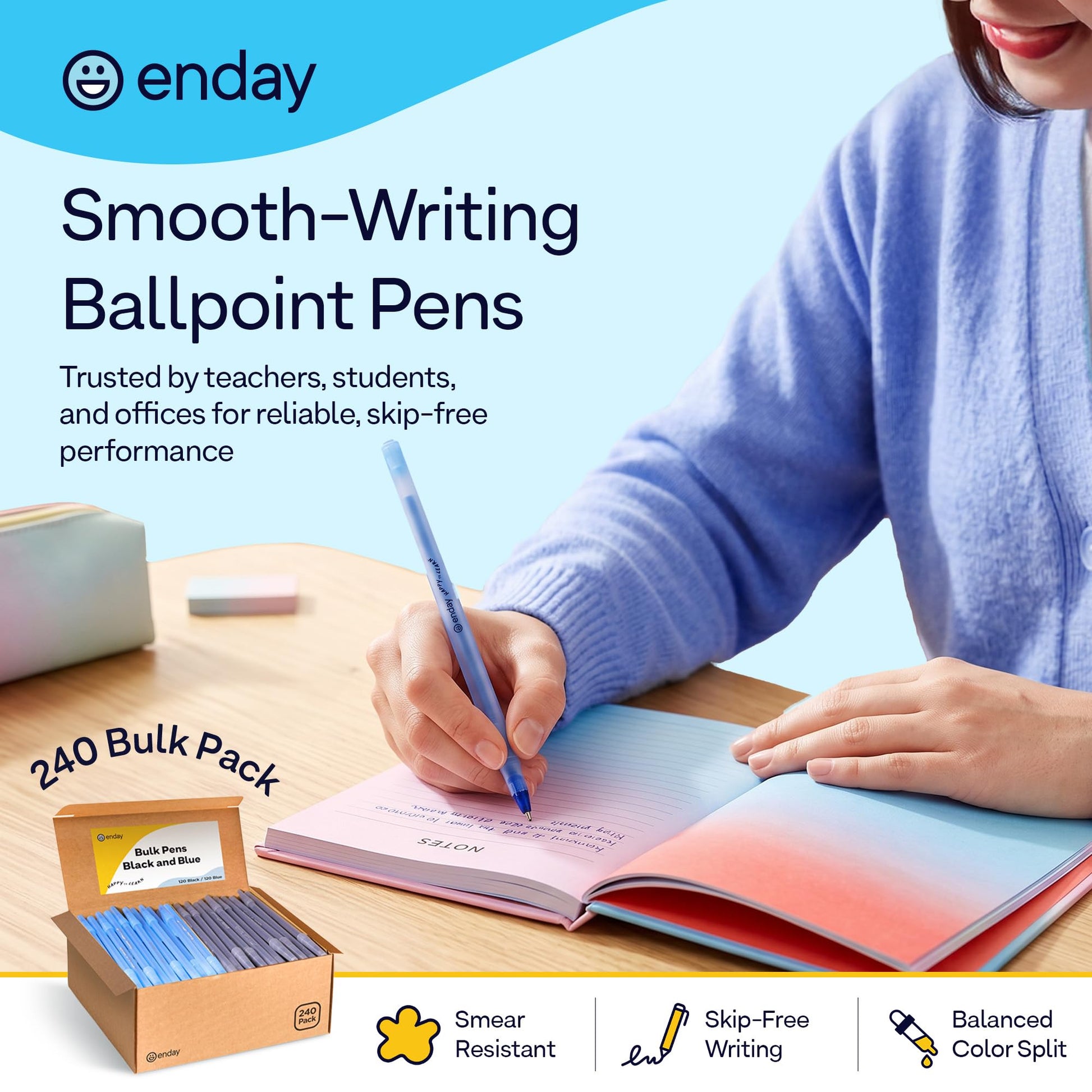 Enday Ballpoint Pens Bulk Blue and Black Pens (240 Pack) 120 Black & 120 Blue - Medium Point