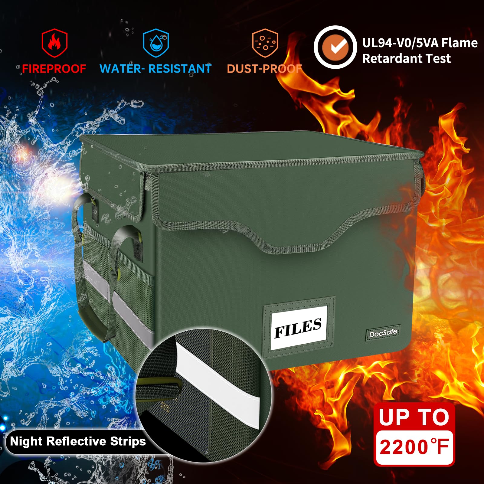 DocSafe Fireproof Document Box with Lock,File Storage Organizer with Mesh Pockets＆Lid,Collapsible