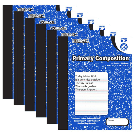 BAZIC PRODUCTS Primary Composition Notebook, Grades K-2, Marble, 6-Pack