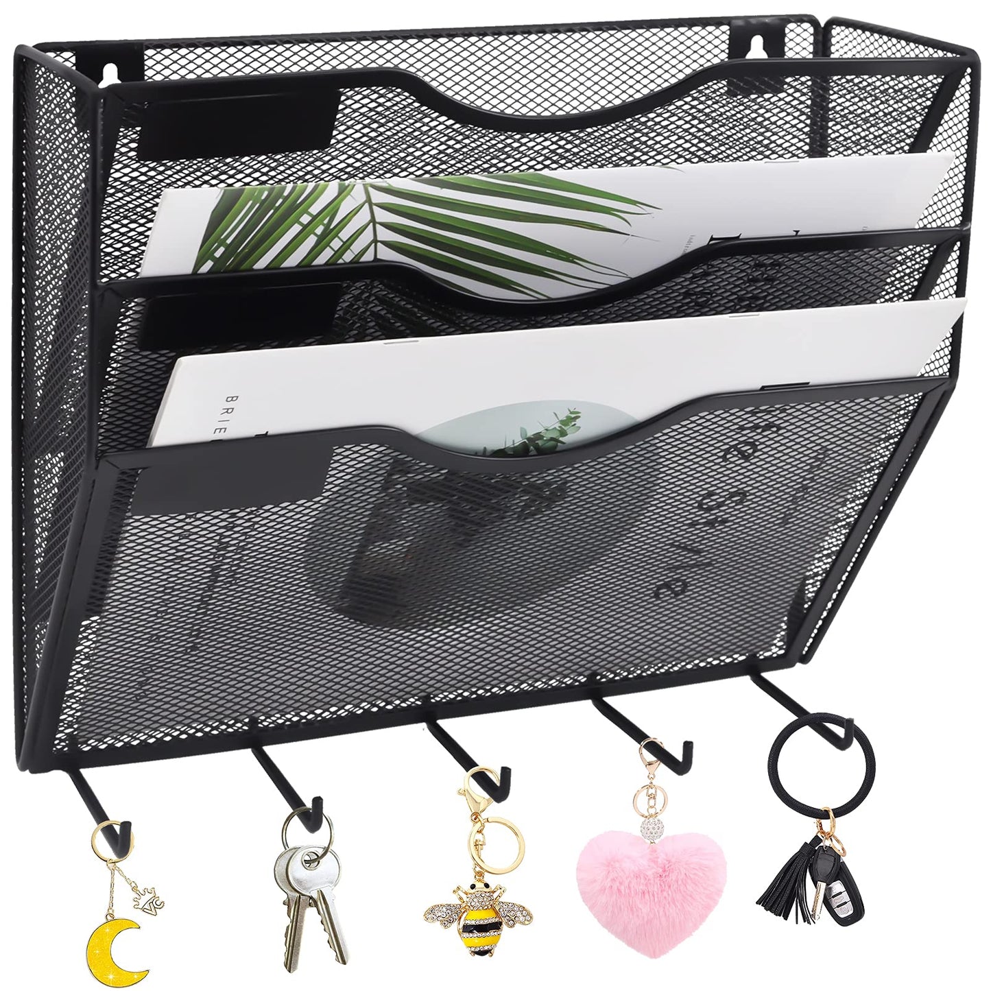 EASEPRES 3 Pocket Mesh Hanging File Organizer with Key Holder Hooks & Nametag Label, Wall Mounted