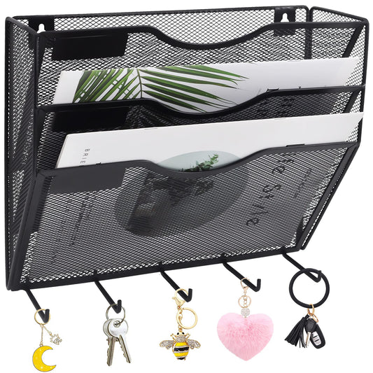EASEPRES 3 Pocket Mesh Hanging File Organizer with Key Holder Hooks & Nametag Label, Wall Mounted