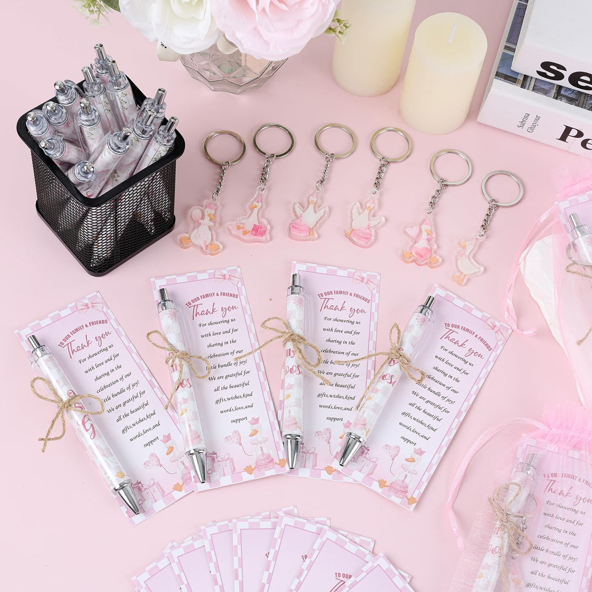 EYNDYN 145 Pieces Silly Goose Baby Shower Favors for Guest Pink Goose Ballpoint Pens and Keychains
