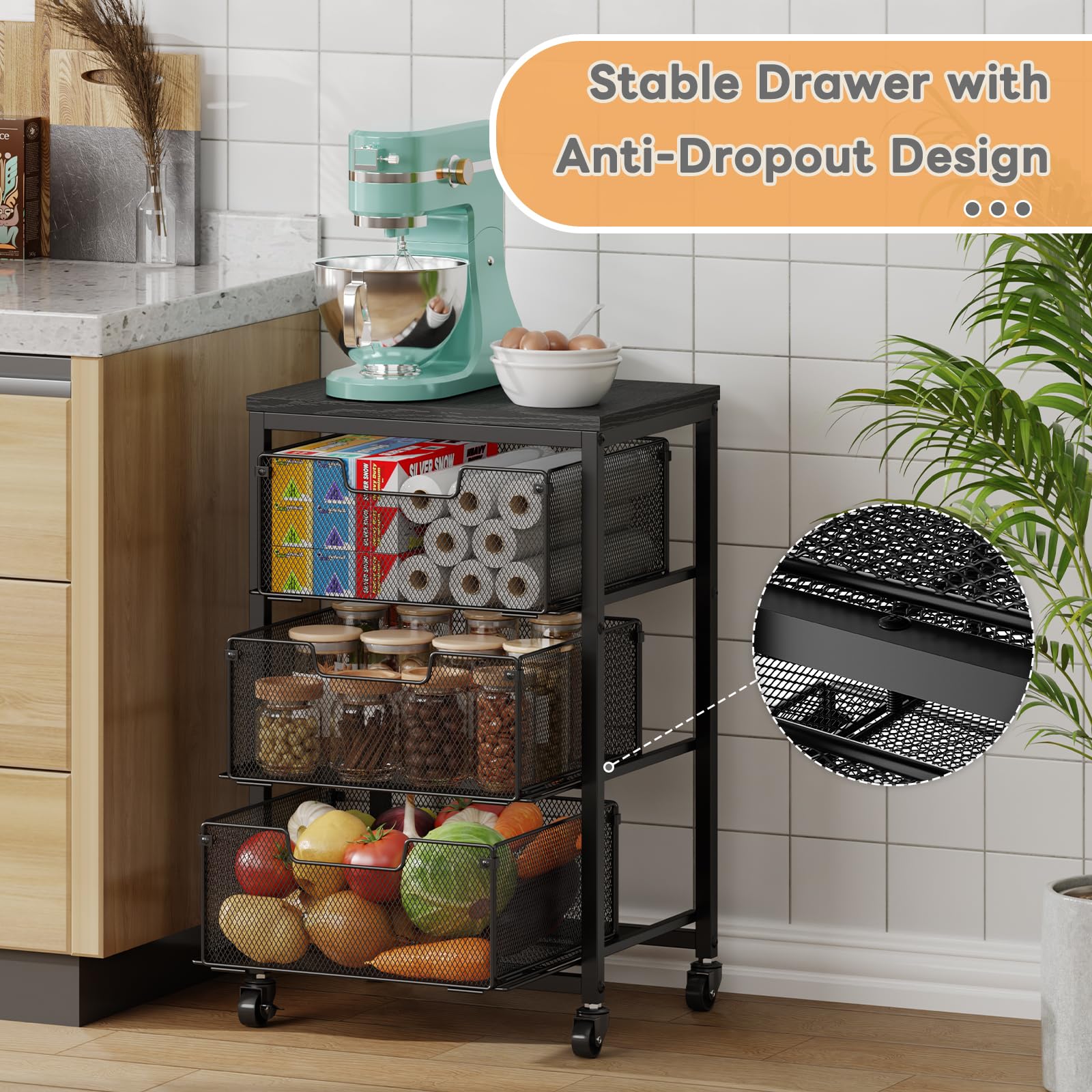 Pantry Organizer and Storage Cart, 3-Tier Kitchen Storage Cart with Drawer, Fruit Vegetable Storage
