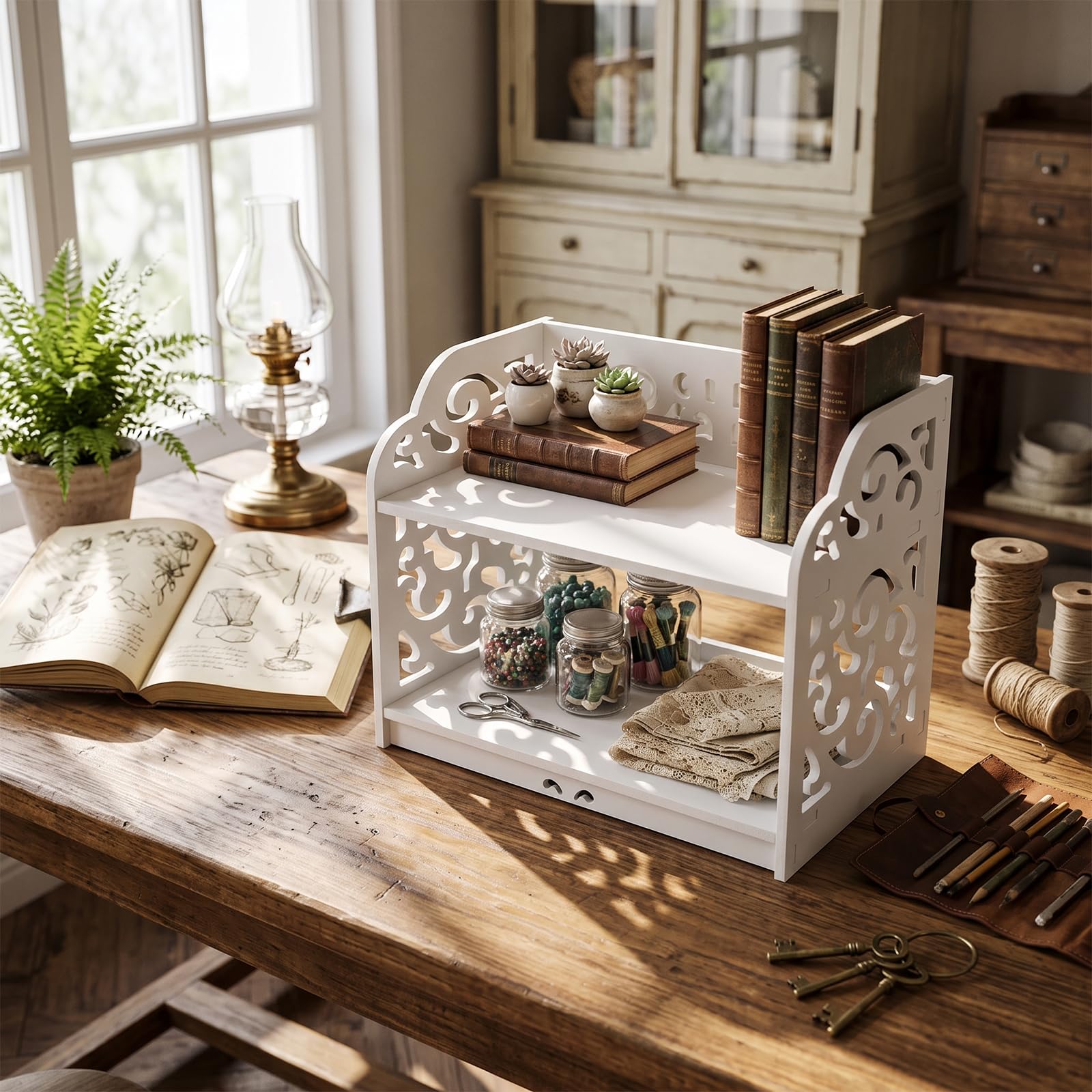 MyGift 2 Tier White Desktop Bookshelf Organizer with Scrollwork Design