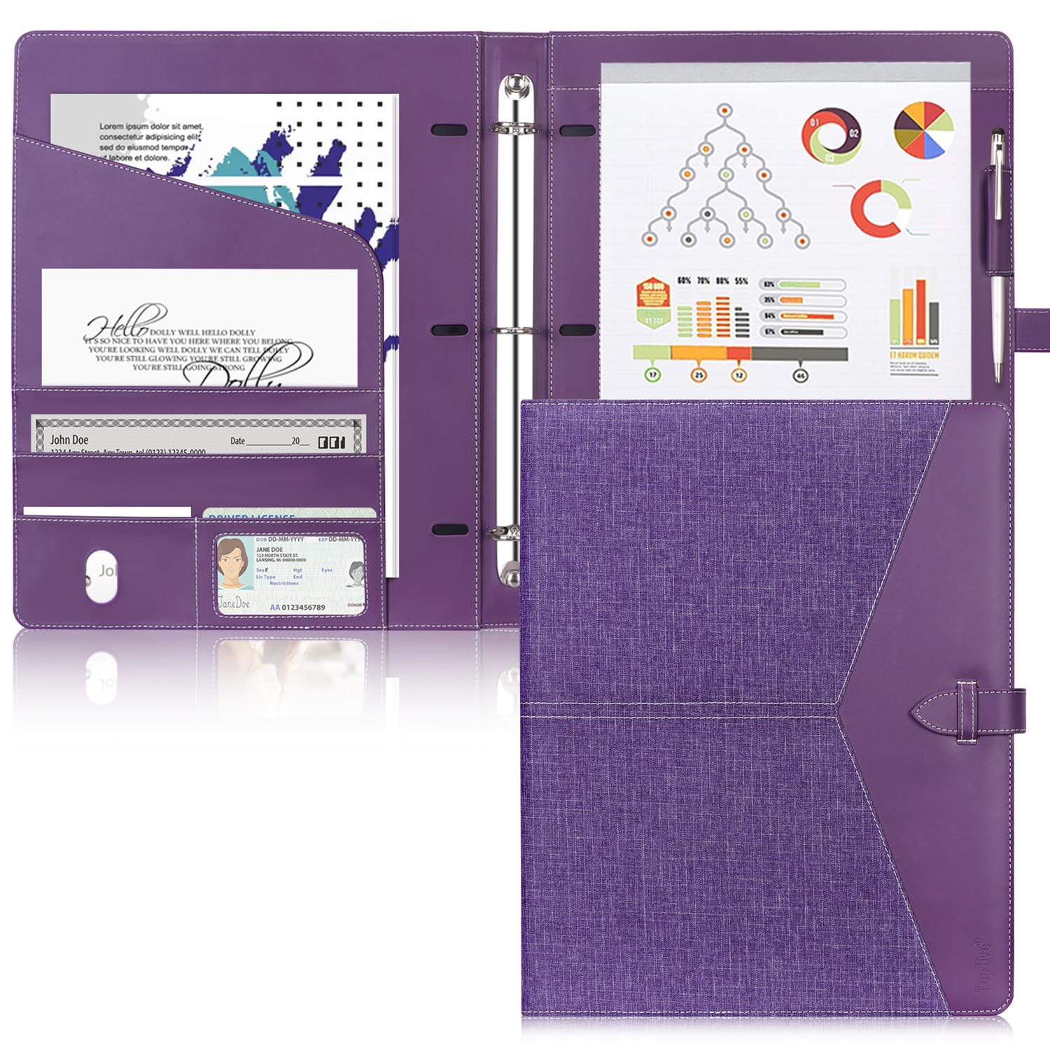 Toplive Padfolio 3 Ring Binder Organizer Business Portfolio Folder for Women, A4/ Letter Size PU