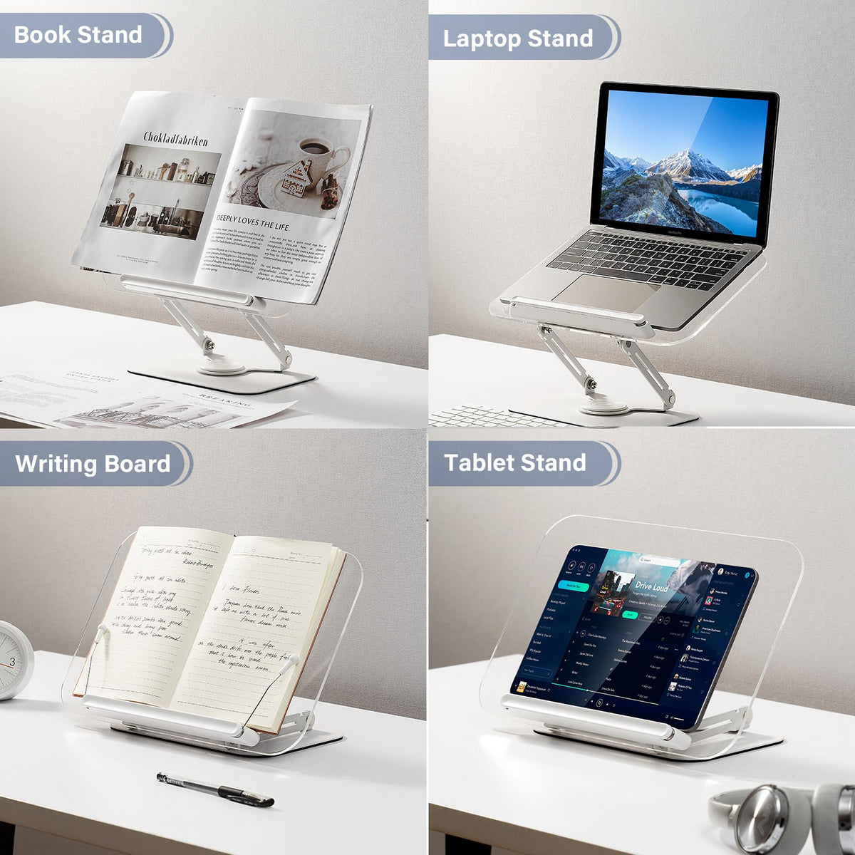 BYMECOST Acrylic Book Stand for Reading, Adjustable Book Holder, White