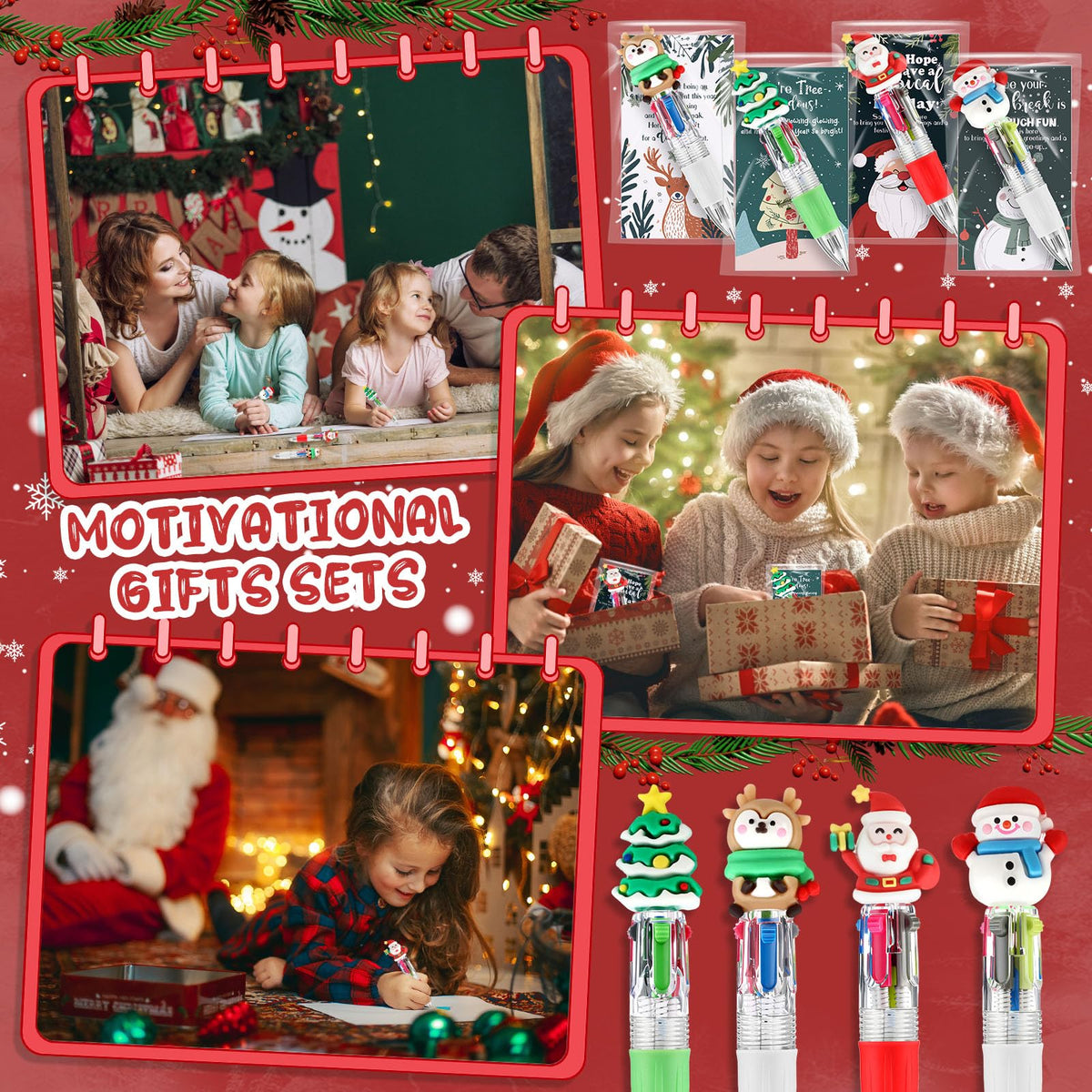 Sayglossy 48 Sets Christmas Pens Bulk, 4-in-1 Multicolor Pens with Cards